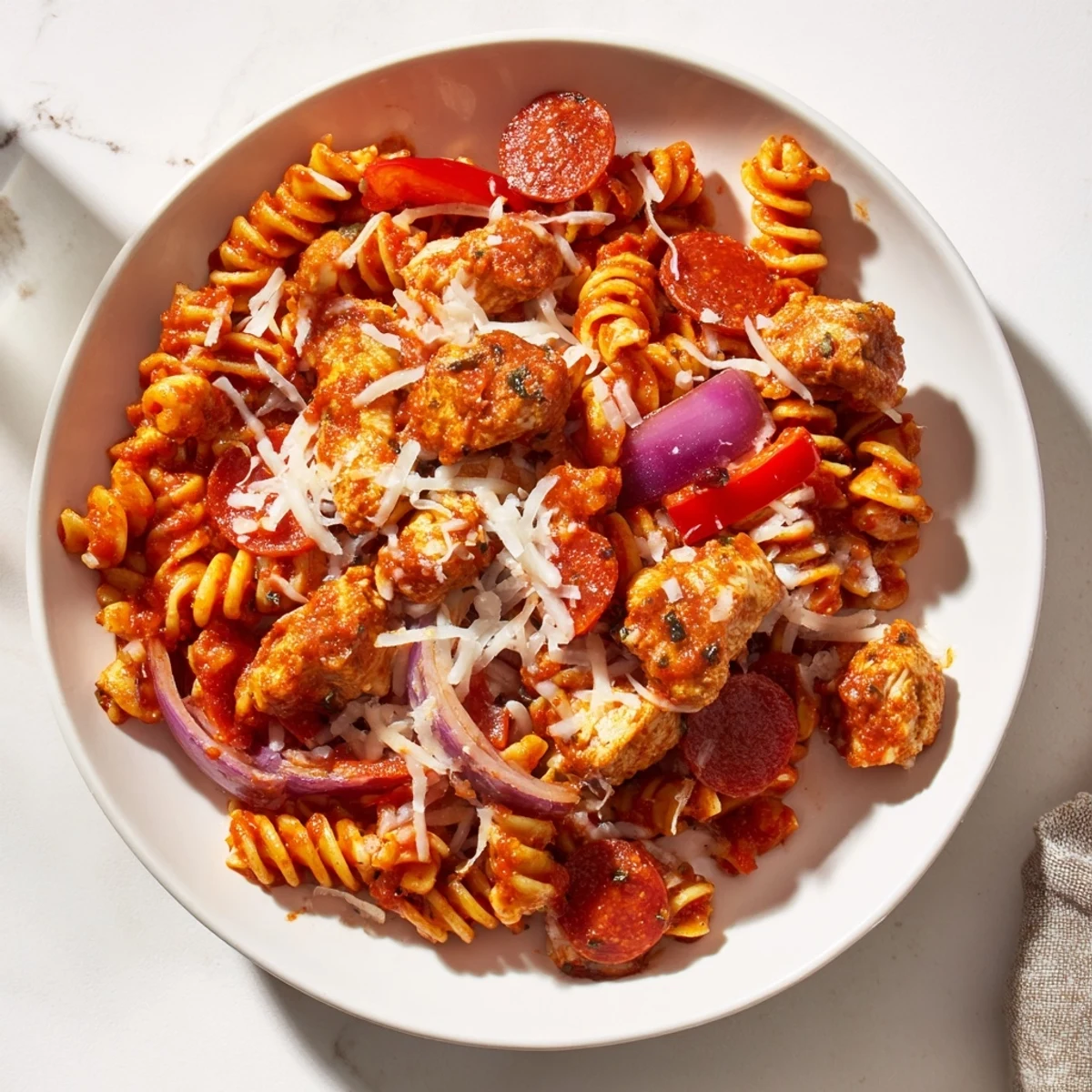 Image of One-Pan Pizza Pasta with bubbly cheese and pepperoni toppings, a comforting easy dinner.