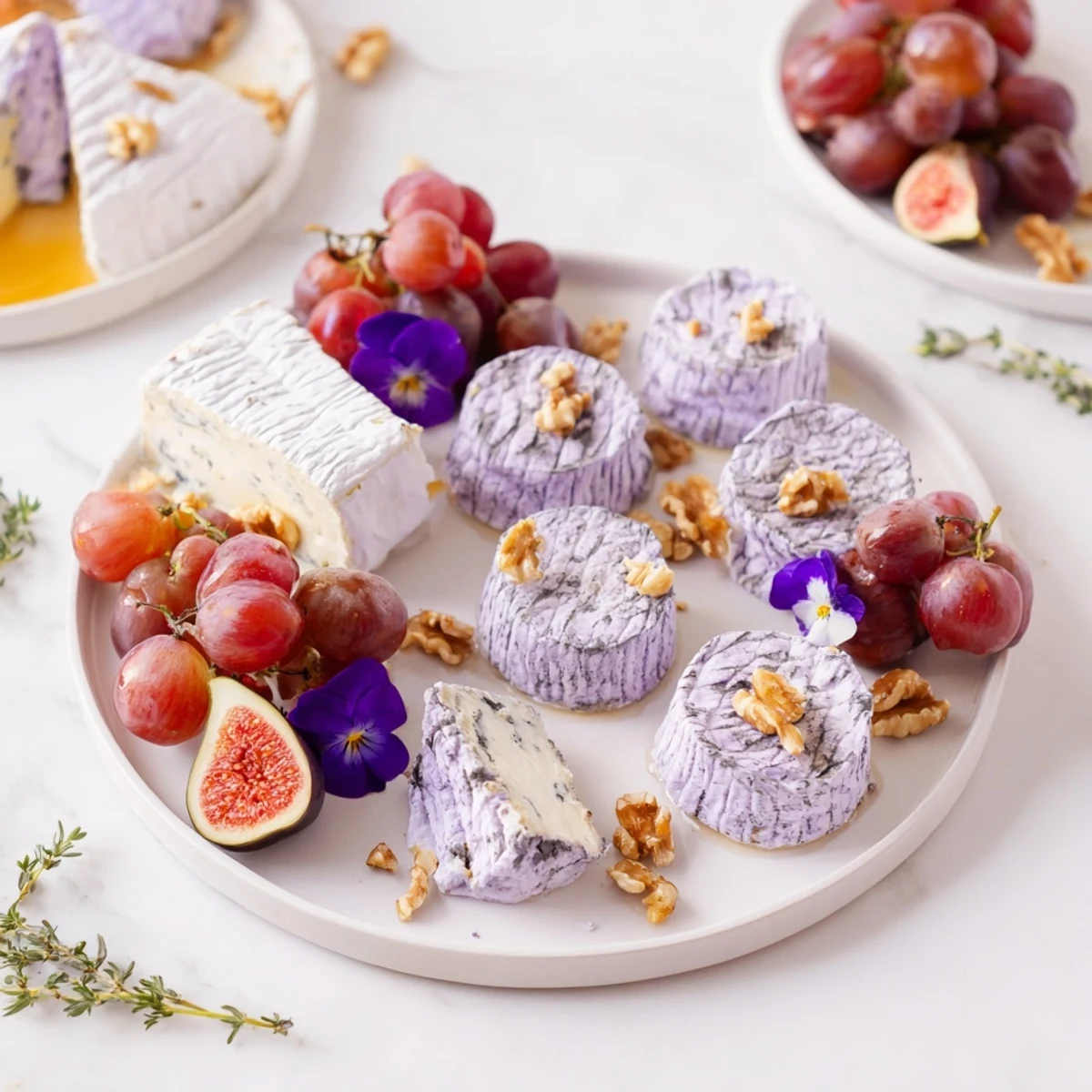 A beautiful "Lavender Haze" cheese board features goat cheese drizzled with lavender honey.