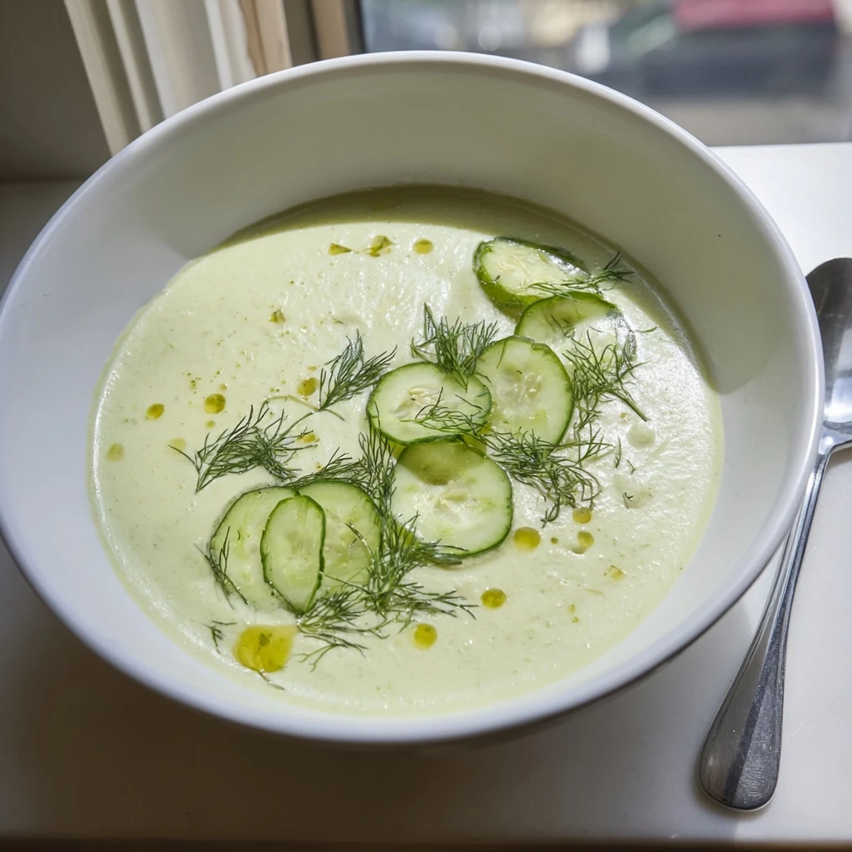 Chilled Cucumber Garlic Soup with a vibrant green hue, perfect for a refreshing vegetarian meal.