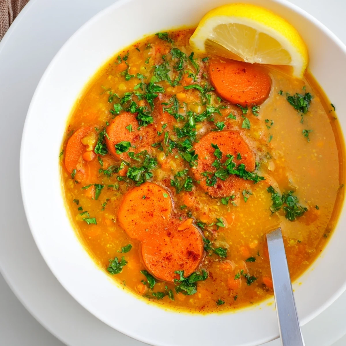 Steaming bowl of Spiced Carrot Lentil Soup, vibrantly orange, with fresh cilantro garnish, ready to enjoy.