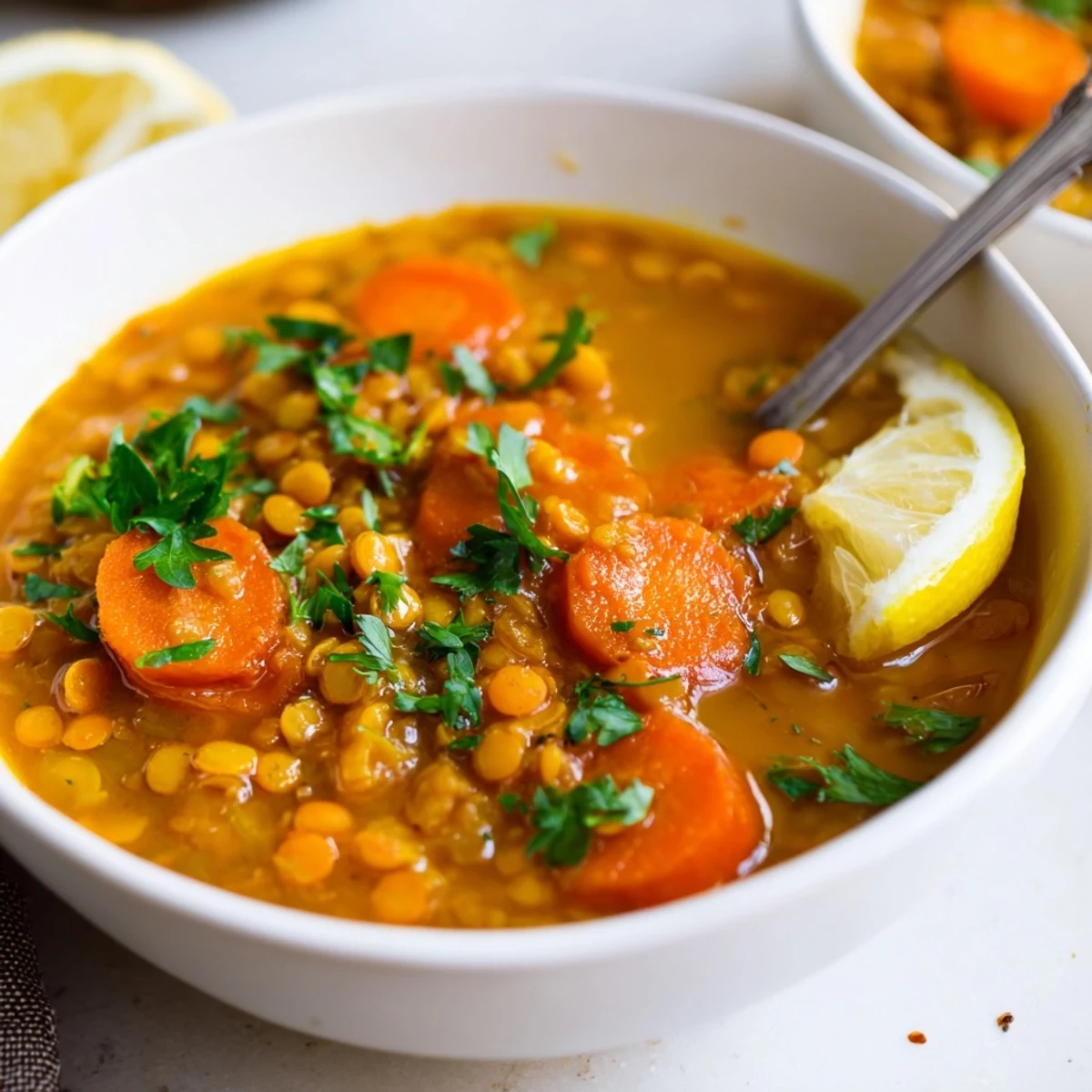 Delicious Spiced Carrot Lentil Soup, inviting aroma, served with a lemon wedge for a bright, flavorful meal.