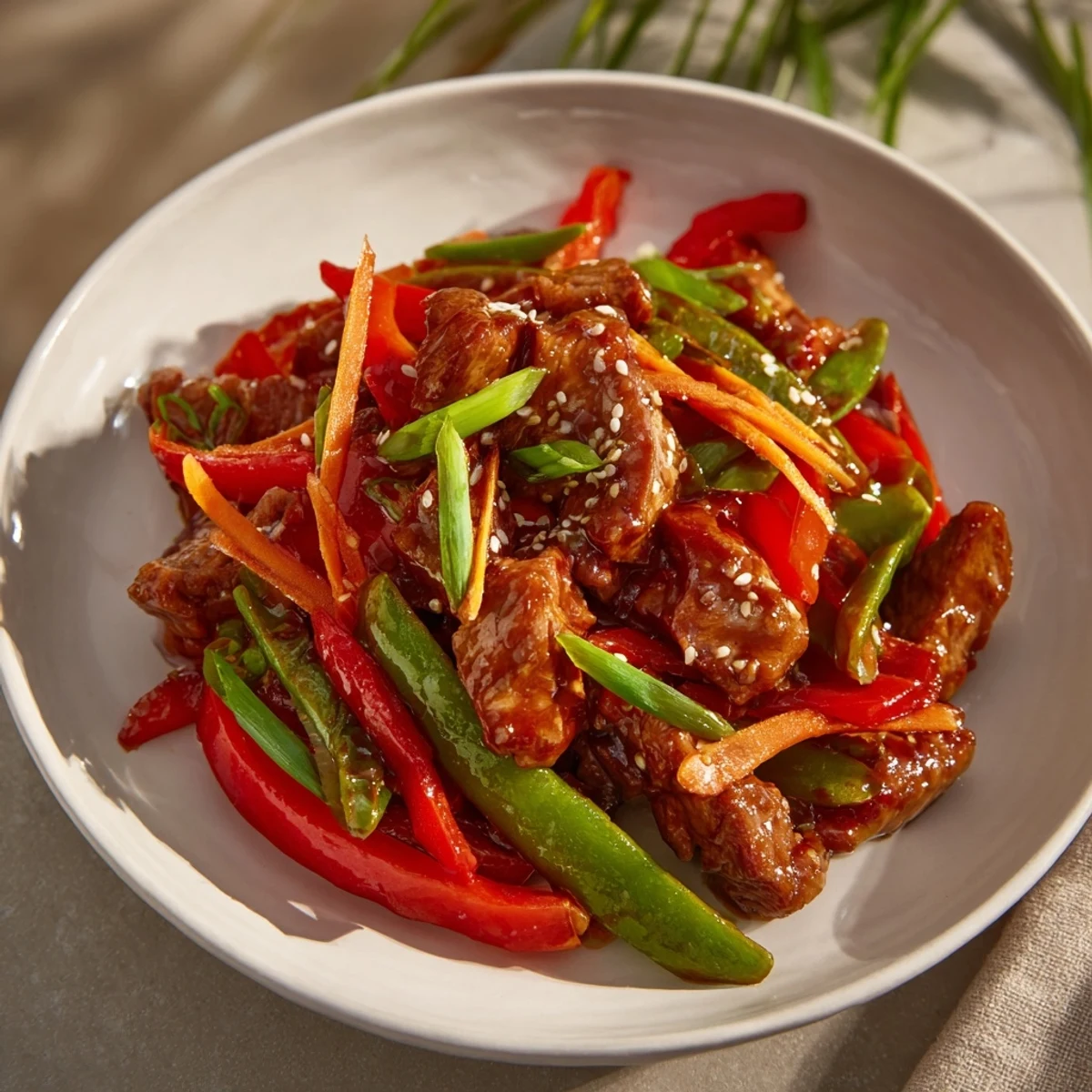 Sweet teriyaki pork stir-fry: steaming hot, glistening with sauce, served with perfect steamed rice.