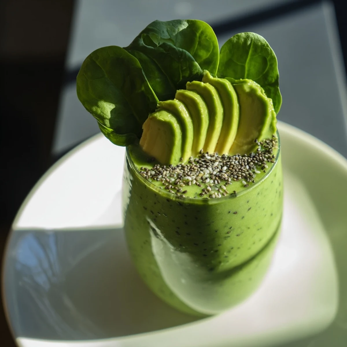 Vivid green spinach avocado smoothie, blended perfectly, a thick, delicious, and easy recipe.