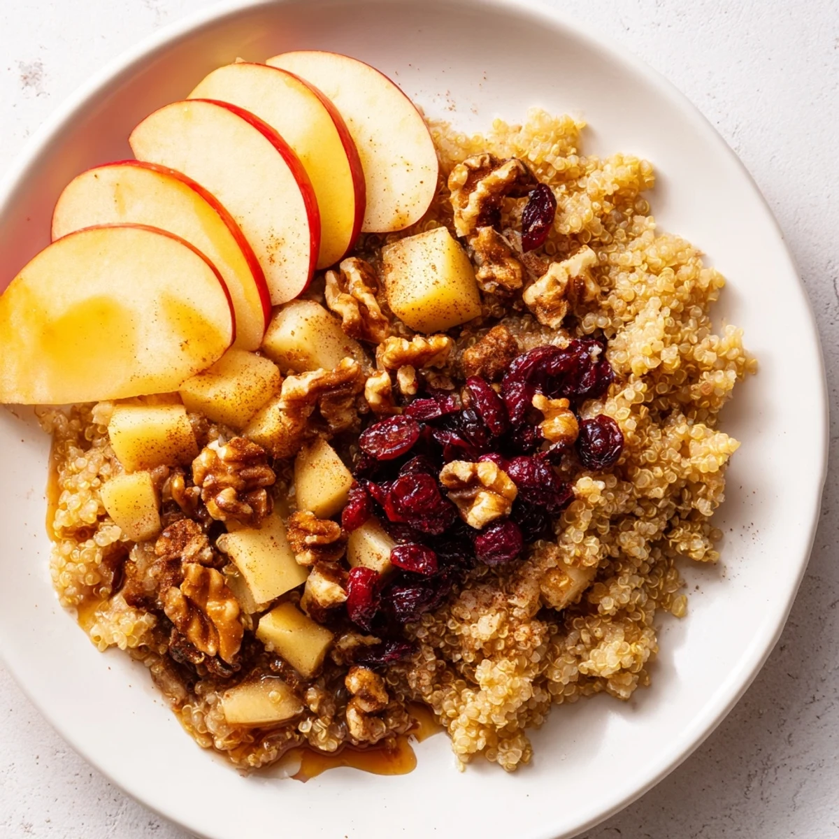 A close-up of a warm Apple Cinnamon Quinoa Bowl, beautifully garnished, ready to enjoy this morning.