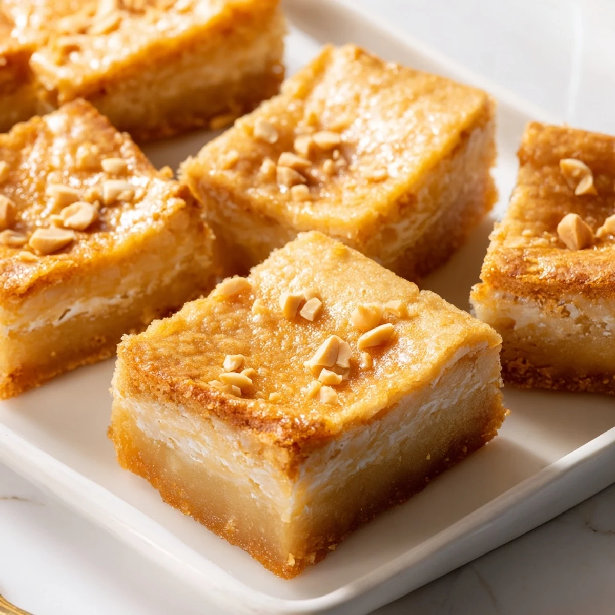 Warm Peanut Butter Mochi Cake with a glistening, subtly sweet surface; imagine that soft, rich flavor.