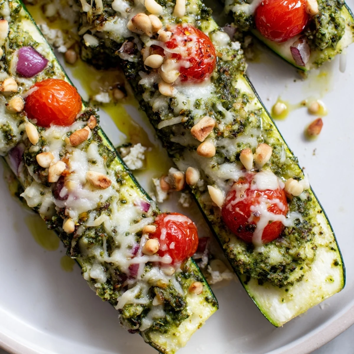 Golden-brown cheesy pesto zucchini boats, a vegetarian delight filled with fresh vegetables and flavorful pesto.