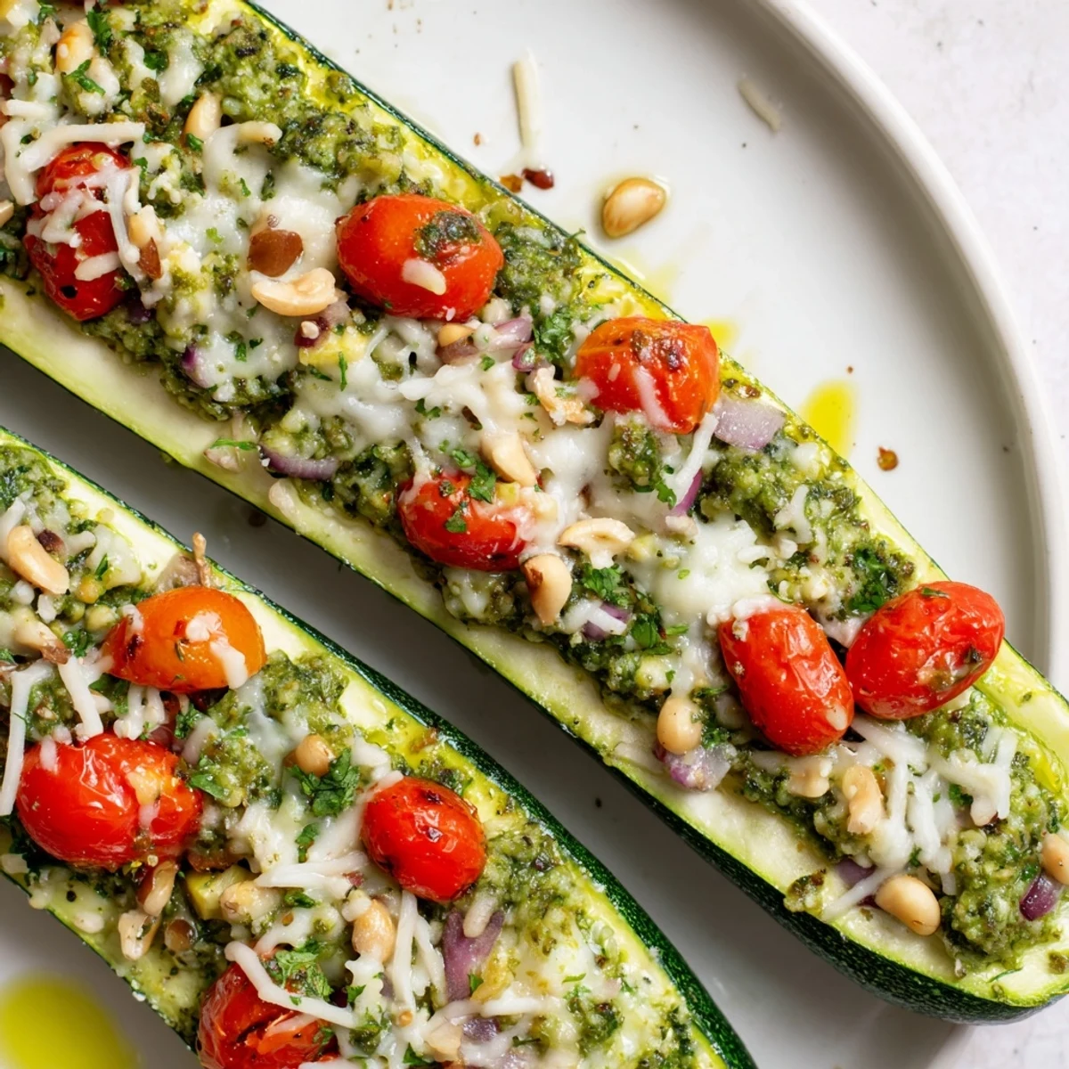These baked cheesy pesto zucchini boats are a healthy and delicious Mediterranean inspired comfort food, perfect for dinner.