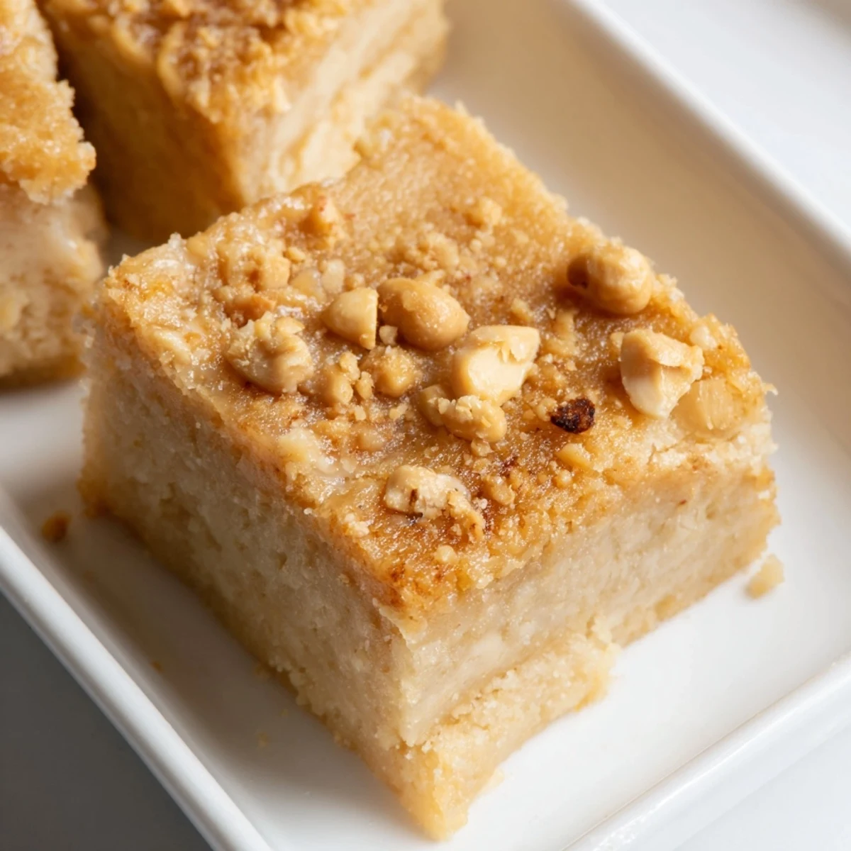 Golden-brown Peanut Butter Mochi Cake, a chewy dessert with visible peanut butter swirls and inviting texture.