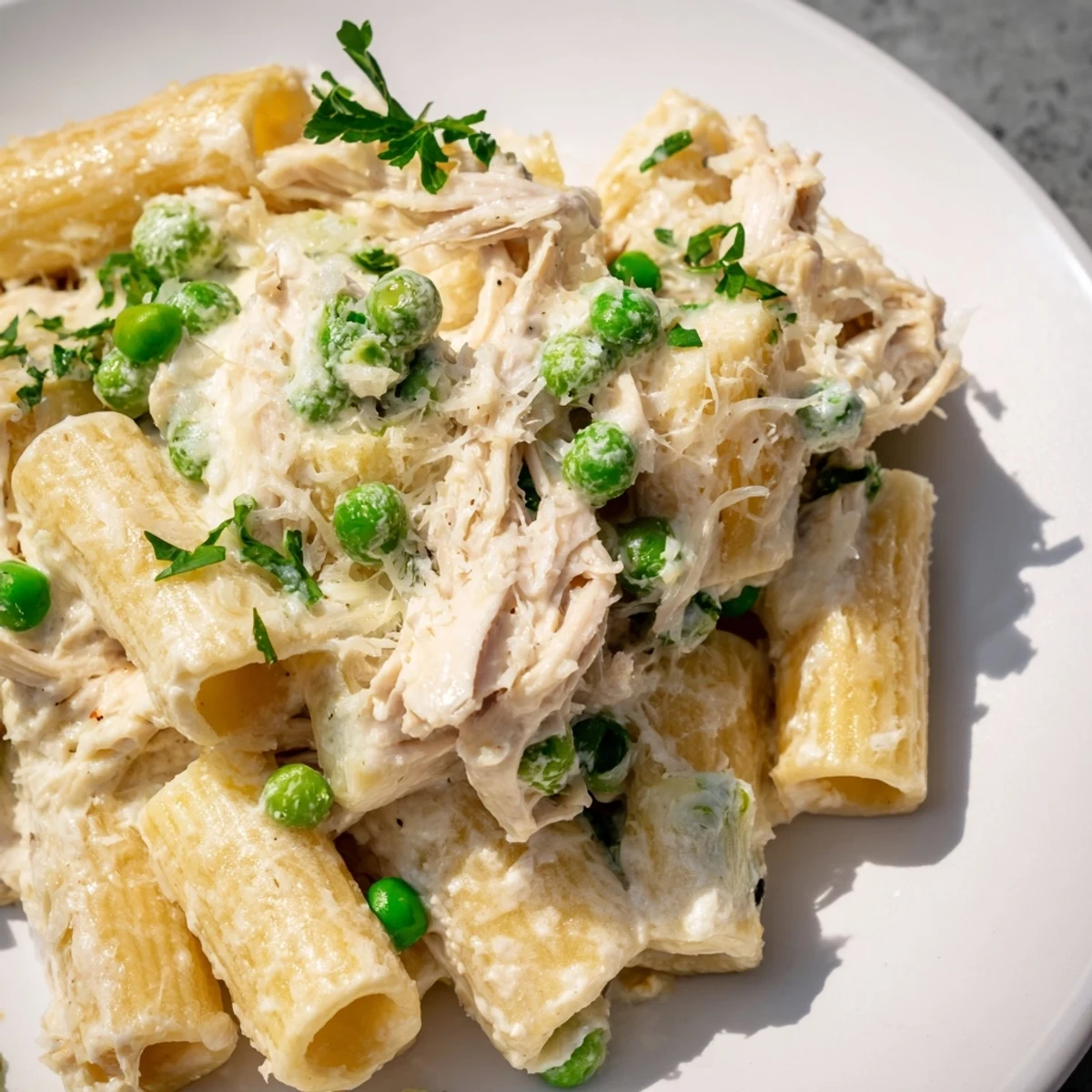 Spoonful of rich Slow Cooker Chicken Alfredo Pasta Bake, bubbling hot, ready for a comforting family meal.