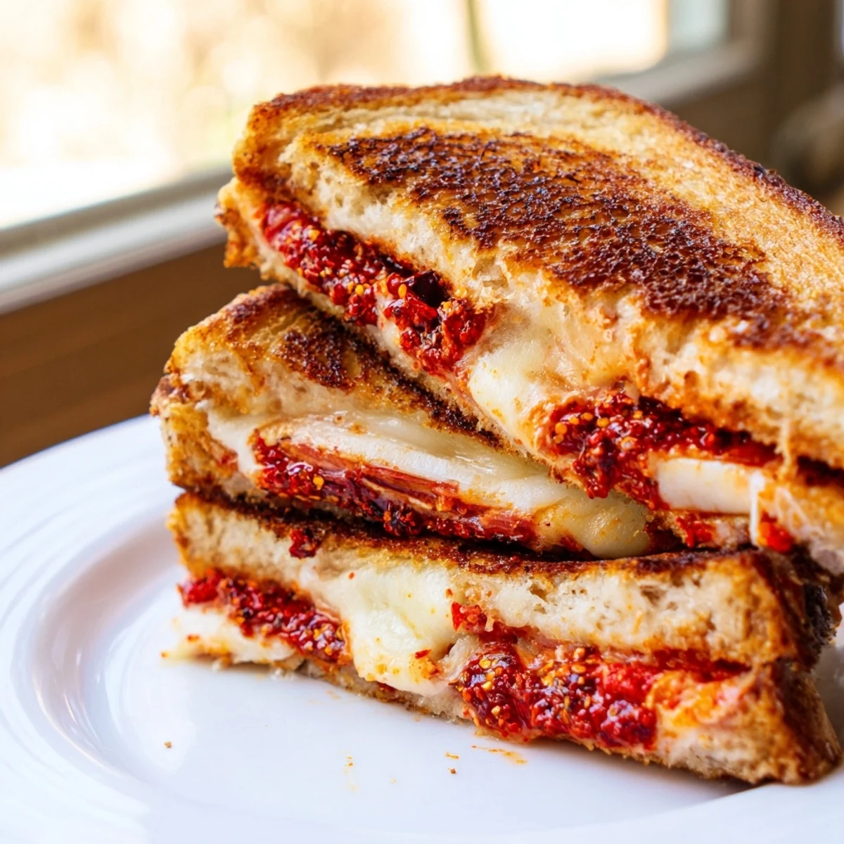 Golden, bubbly Brie and Chili Crisp Grilled Cheese, a luxurious sandwich with melted brie.