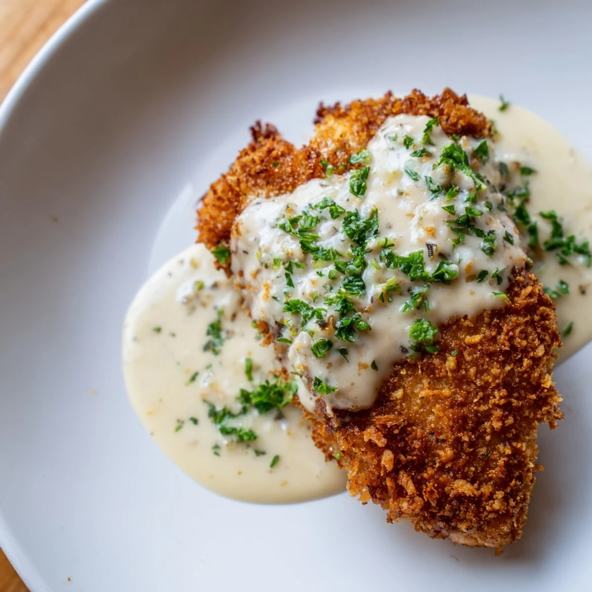 Golden-brown, crispy chicken with garlic cream sauce, a comforting American dinner dish.