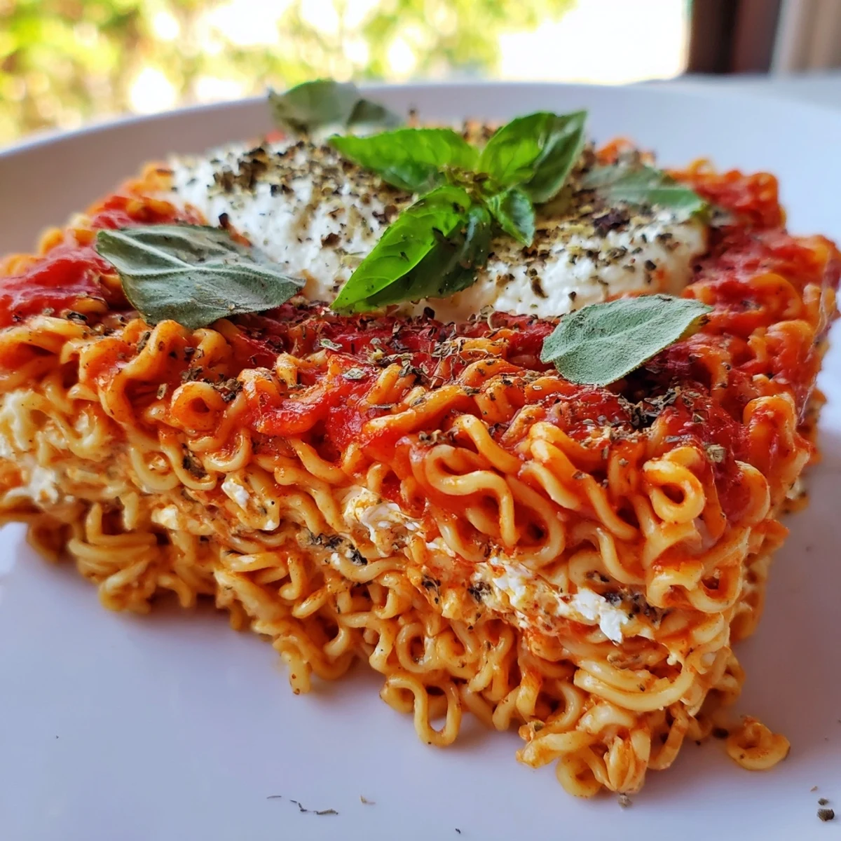 Bubbling Ramen Lasagna with melted mozzarella and Parmesan cheese, ready for your dinner table.