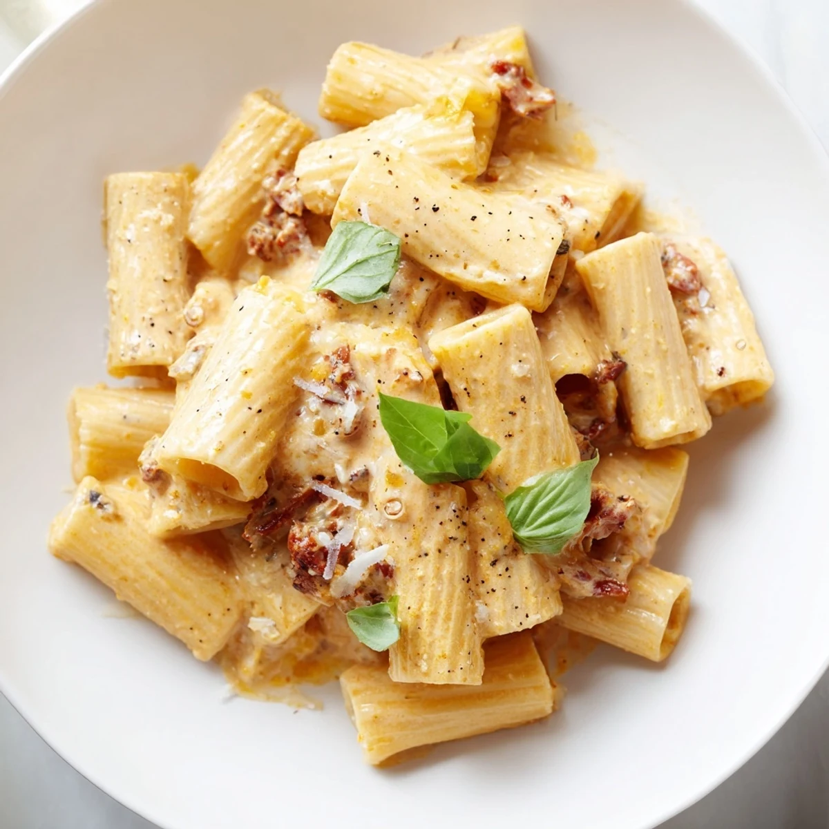 Steaming bowl of creamy sun-dried tomato pasta with vibrant basil and parmesan, ready to devour.