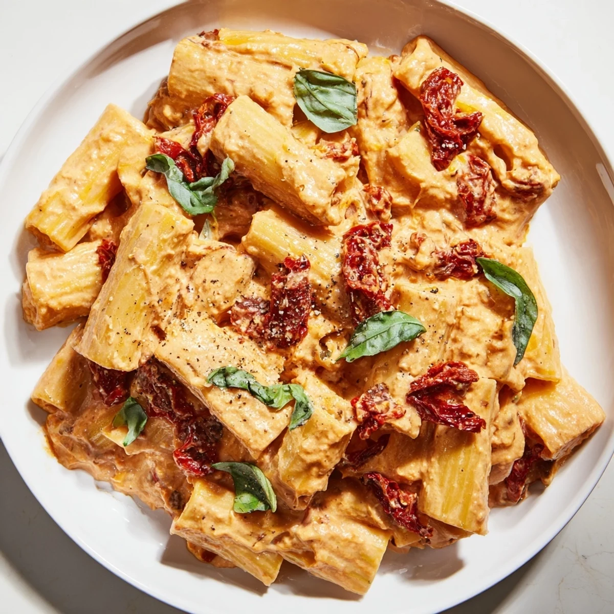Rich and flavorful sun-dried tomato pasta with a creamy sauce, garnished with fresh basil leaves.