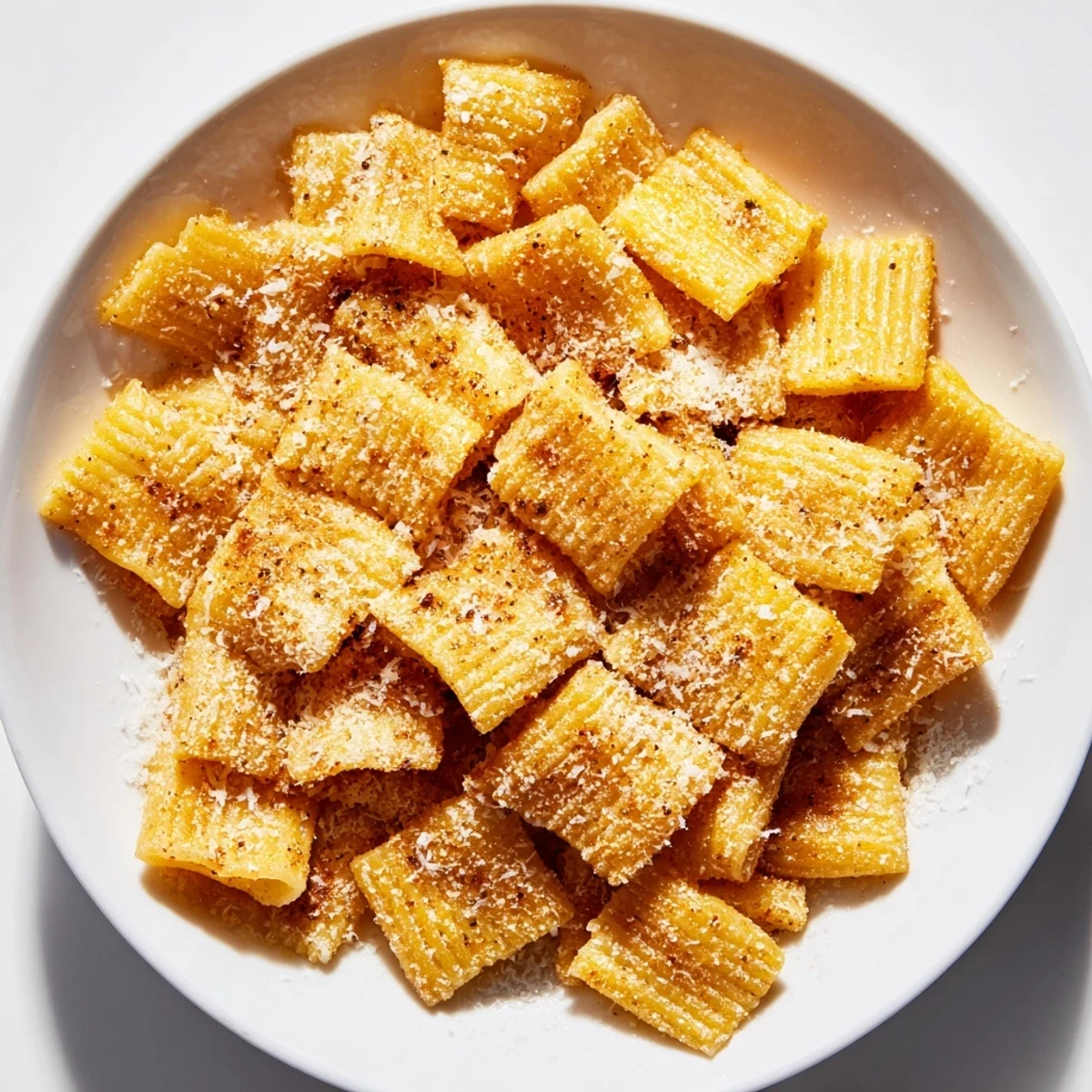 Air-fried Parmesan pasta chips, crispy and flavorful with a delicious golden-brown hue.