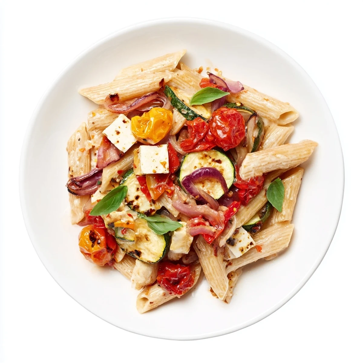 Baked feta pasta 2.0: A creamy vegetarian dish with roasted vegetables and melted feta.