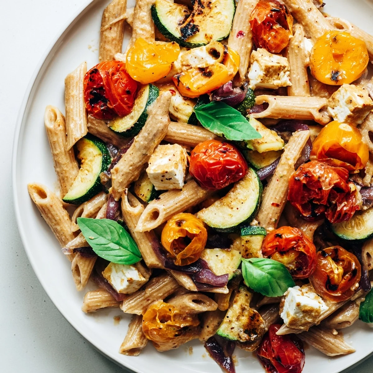 Delicious baked feta pasta features a vibrant mix of roasted cherry tomatoes and whole-grain pasta.