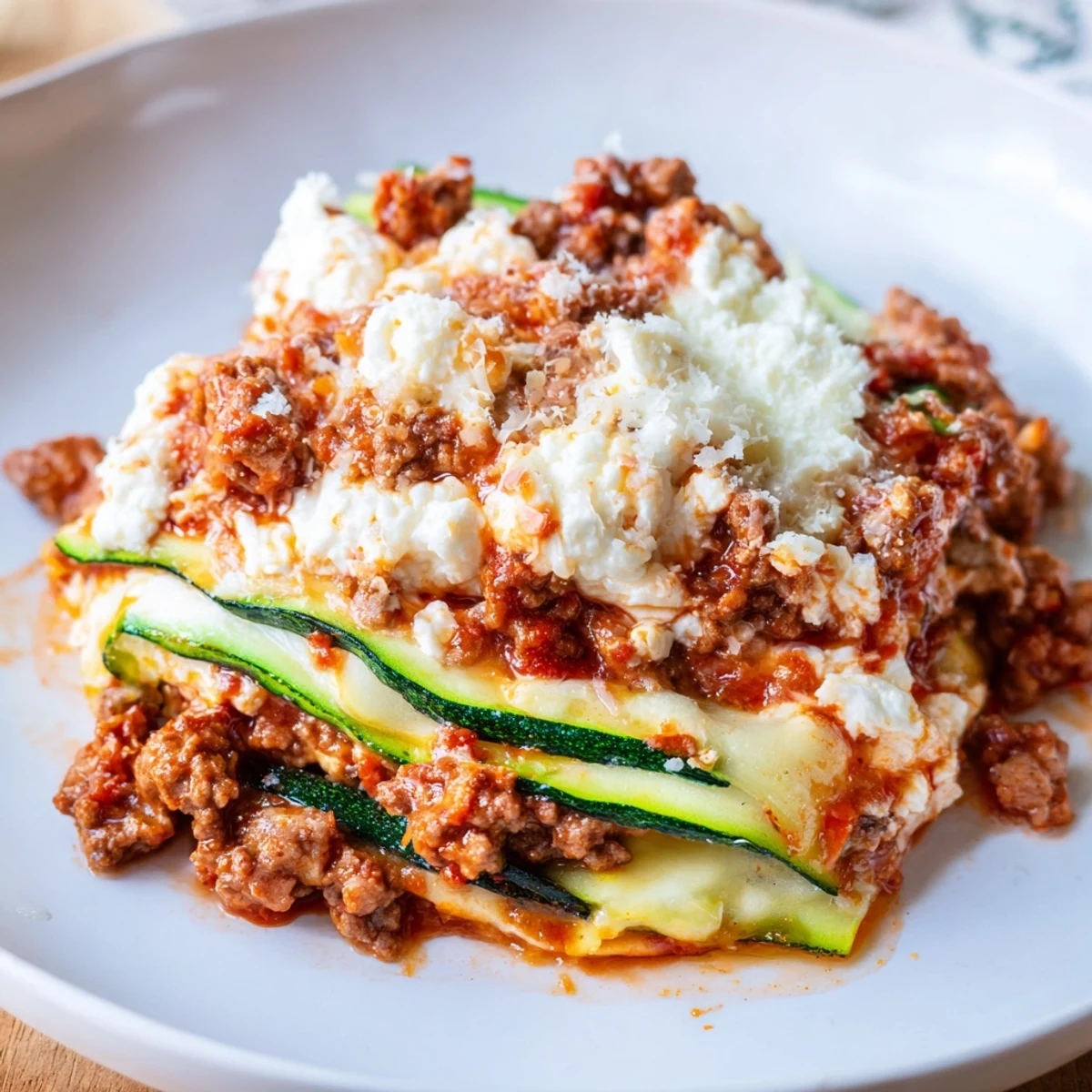 Melting mozzarella blankets the cooked Zucchini Lasagna skillet, promising a flavorful, cheesy bite.