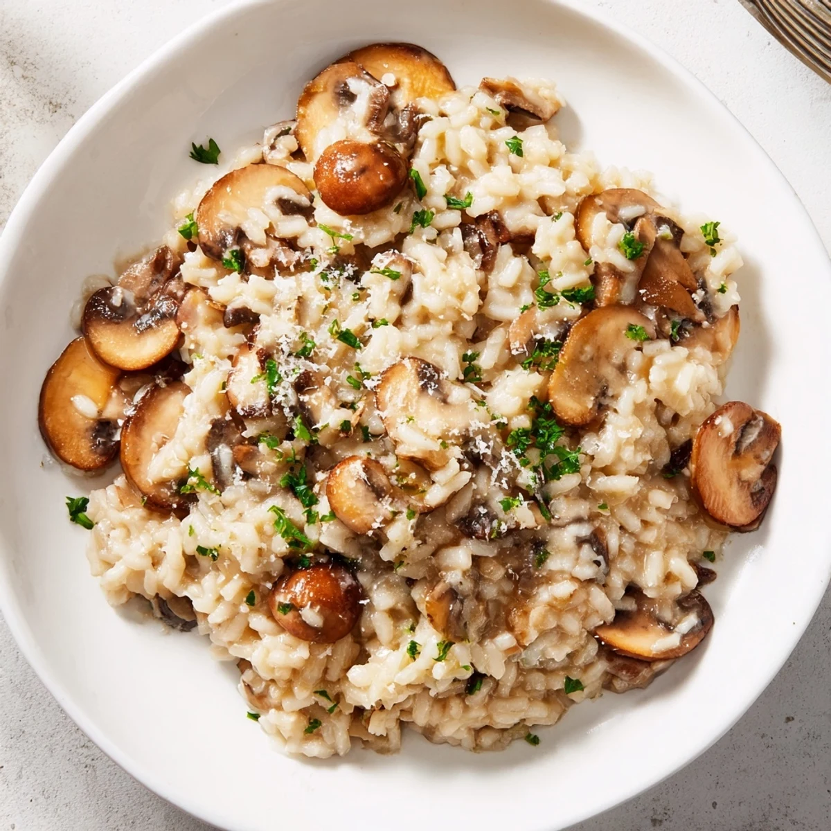 A close-up of the finished risotto with mushrooms, garnished with fresh parsley and Parmesan.