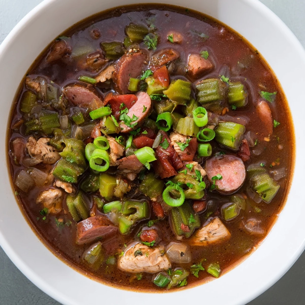 Steaming bowl of Gumbo Okra Soup with visible sausage, chicken, and fresh okra, ready to serve with rice.