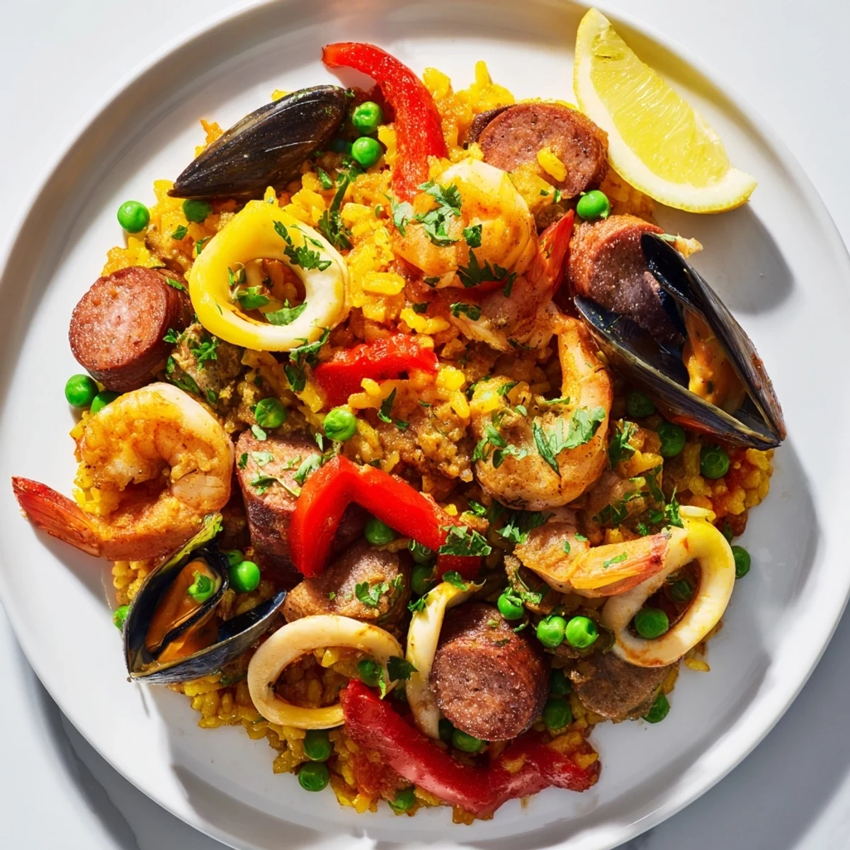 Close-up of savory Paella Spanish rice with chorizo and chicken, offering a taste of Spanish flavors.