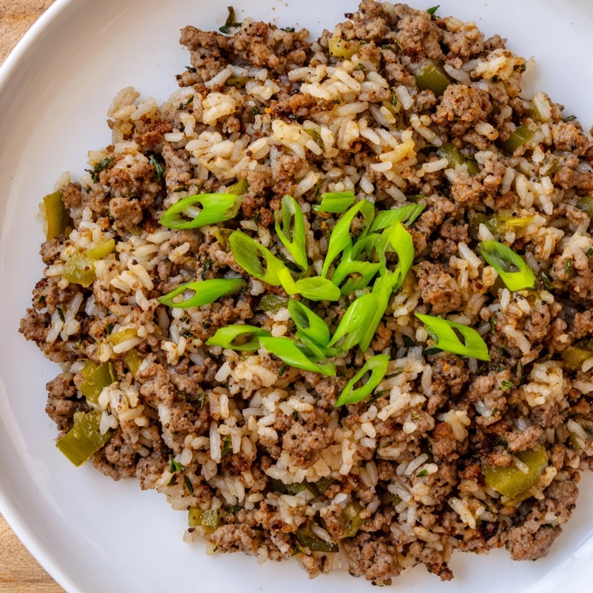 Savory and hearty, a close-up of Cajun Dirty Rice with fresh spring onion garnish.