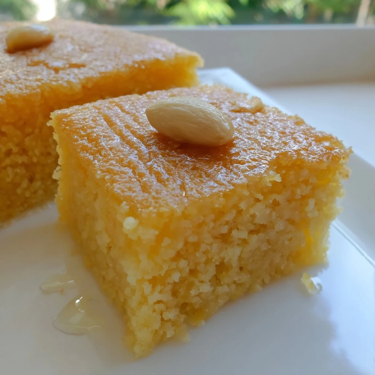 Golden-brown Egyptian Basbousa coconut cake glistening with sweet syrup and topped with almonds.
