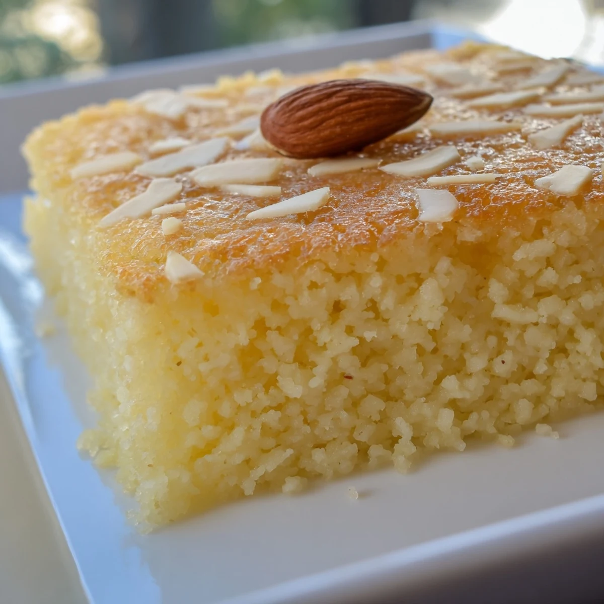 A close-up of a freshly-baked Basbousa, a traditional moist Egyptian coconut dessert.