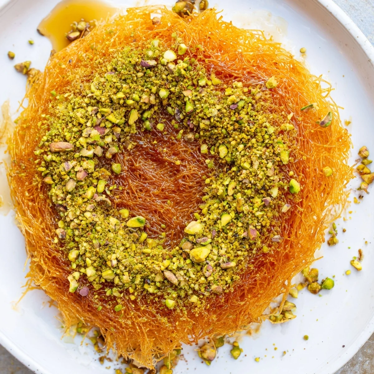 A delightful slice of Lebanese Knafeh cheese, drenched in sweet syrup and nutty toppings.