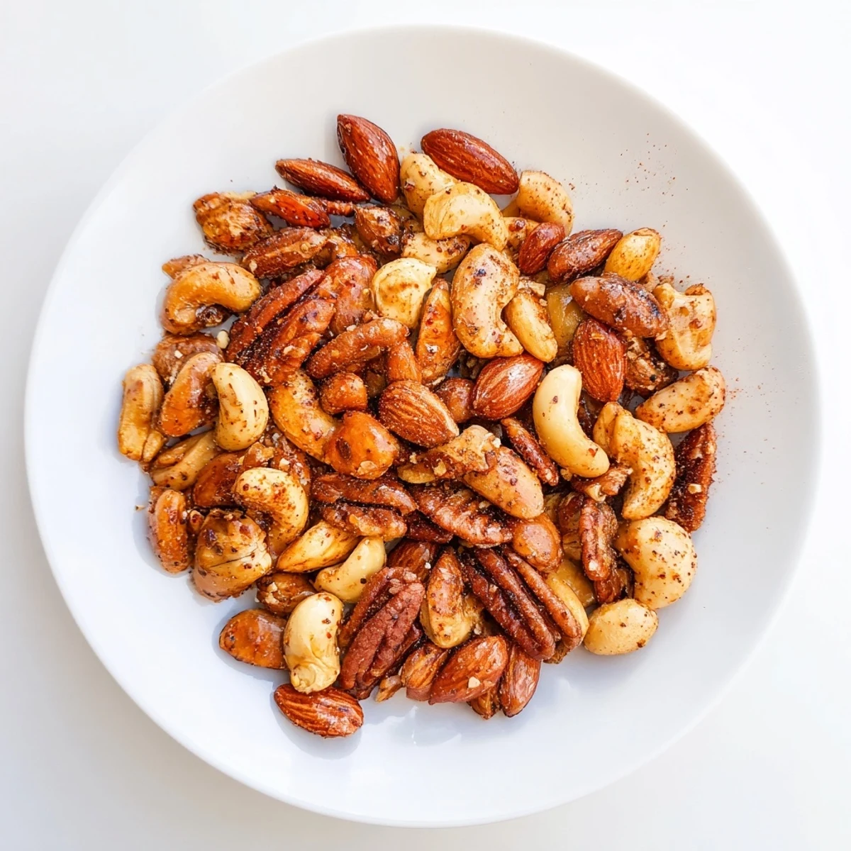 A close-up of a freshly roasted spiced nuts mix with a dusting of spices, perfect for parties.