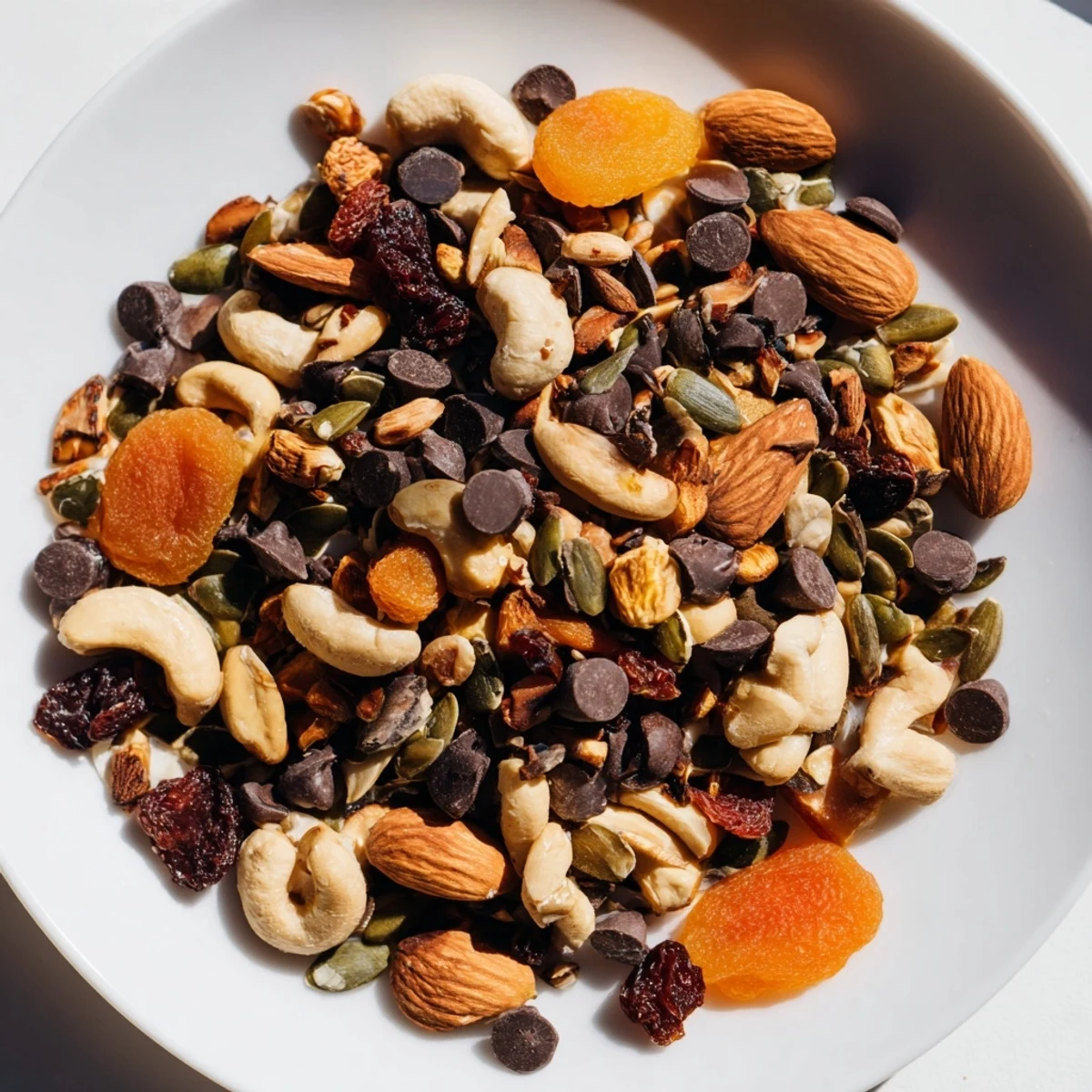 Vibrant trail mix, brimming with nuts, dried fruits, and chocolate, ready for snacking.