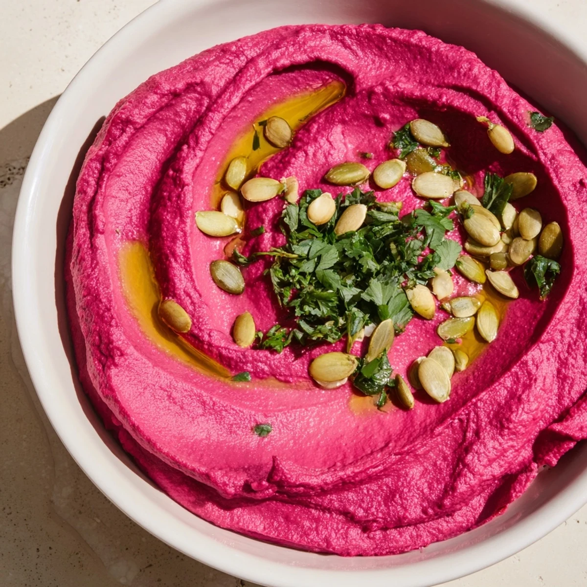 A close-up of a serving bowl filled with smooth beet hummus, ready to be enjoyed as a flavorful appetizer.