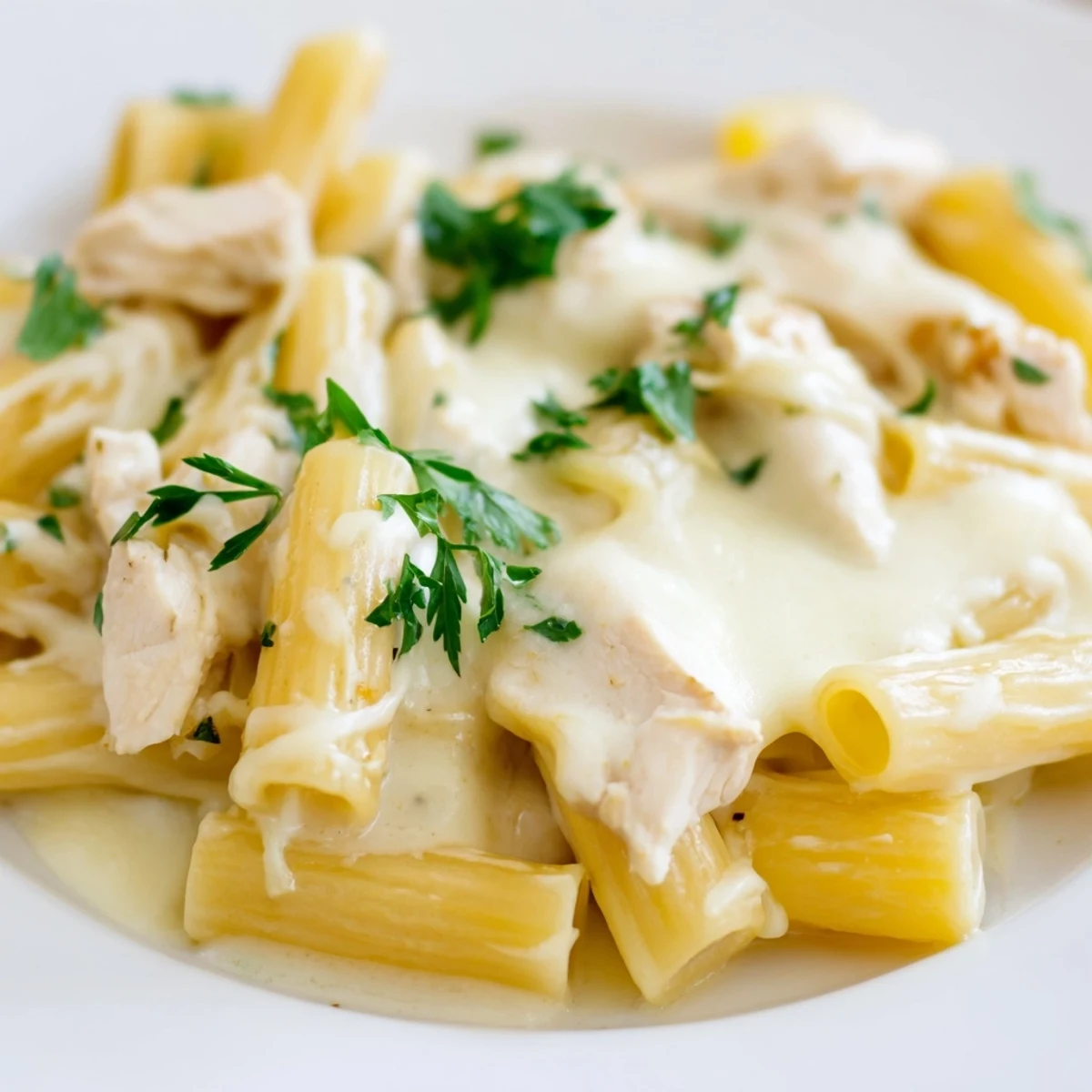 Golden-brown, bubbling Chicken Alfredo Casserole with penne pasta and melted mozzarella, ready to serve as a comforting family dinner.