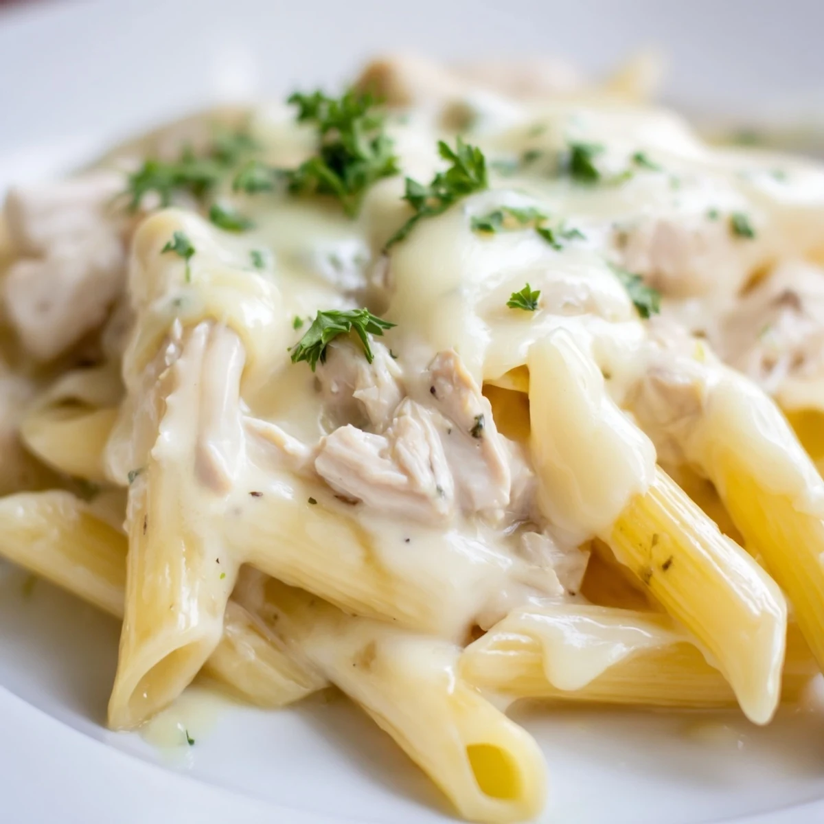Creamy Chicken Alfredo Casserole with tender chicken, garlic pasta, and golden cheese topping, fresh from the oven in a baking dish.