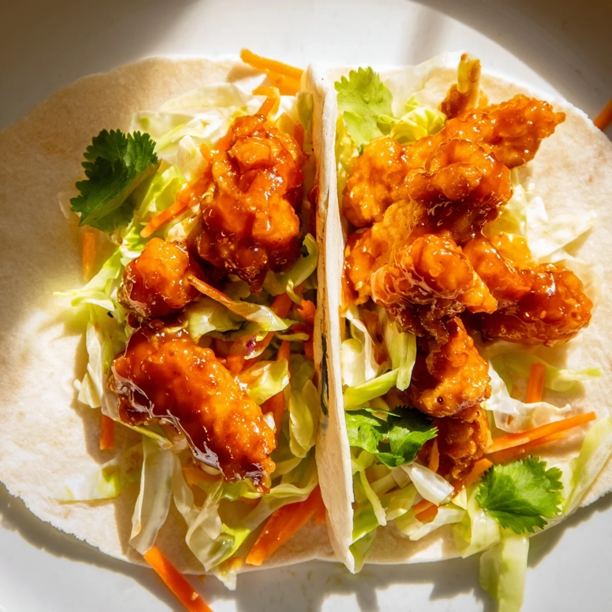 Freshly assembled Honey Sriracha Chicken Wrap garnished with cilantro, sliced in half to show the colorful ingredients inside the warm flour tortilla.