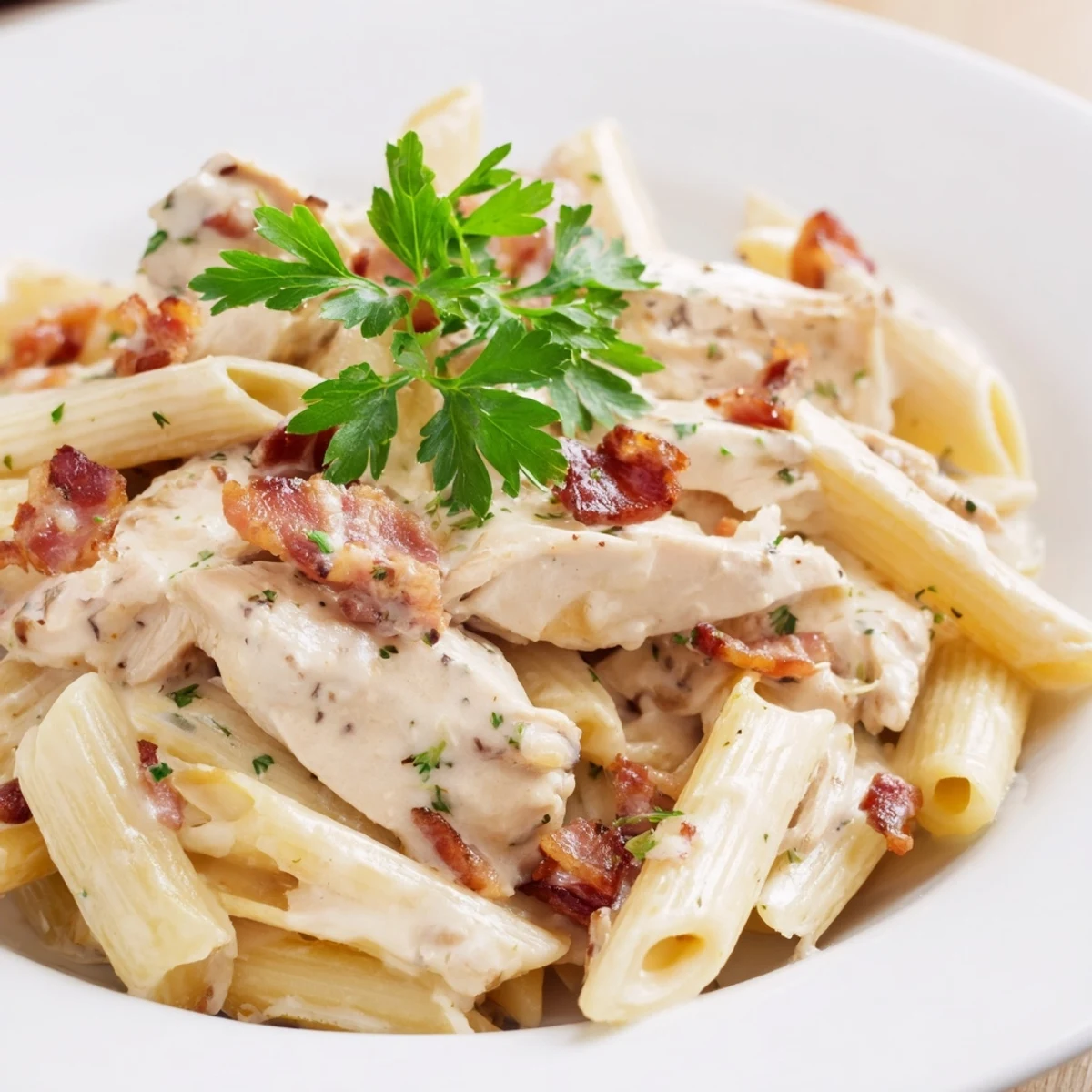 Golden penne pasta swirls in a creamy garlic-Parmesan sauce, topped with crispy bacon bits and tender grilled chicken, garnished with fresh parsley.  