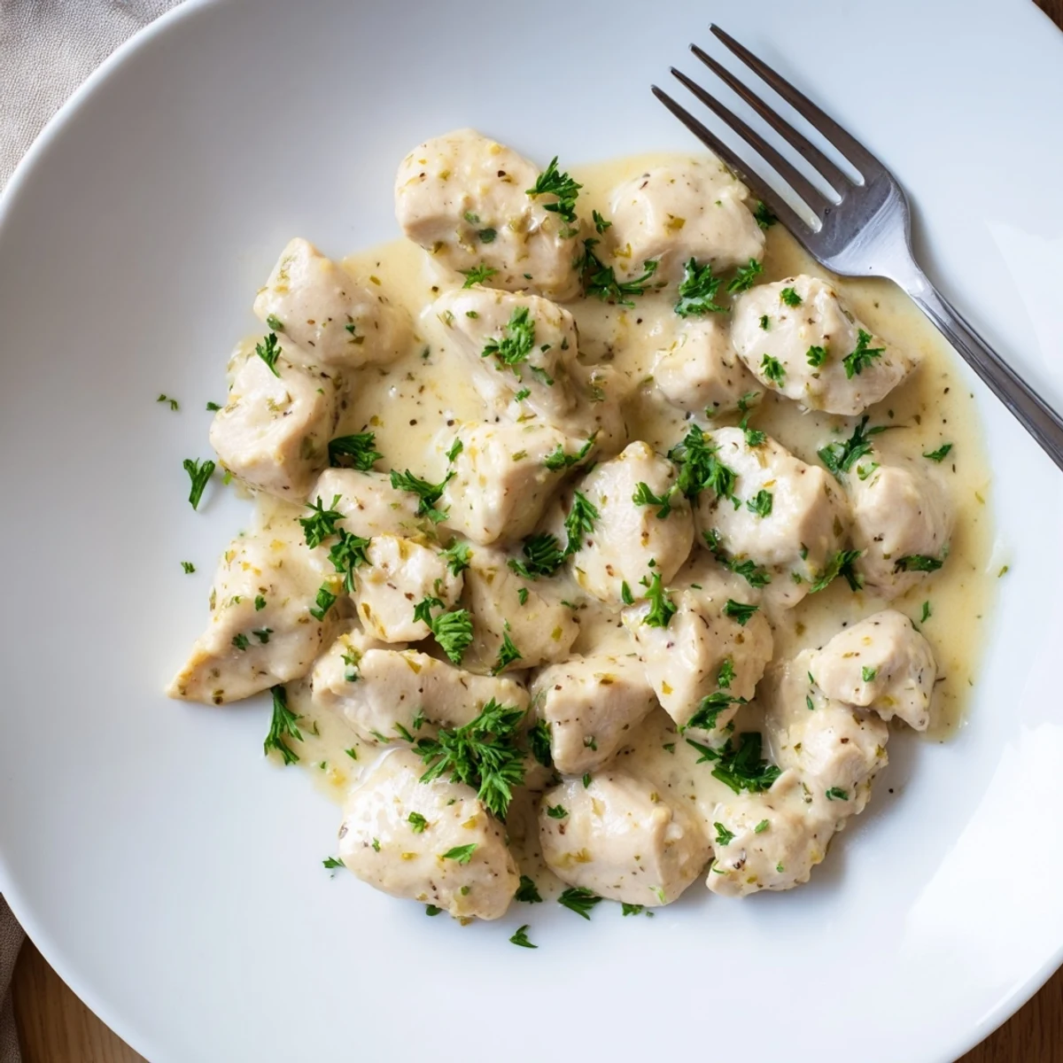 Juicy Creamy Garlic Chicken Bites simmered in a velvety, aromatic sauce, ready to serve over fluffy mashed potatoes or pasta.