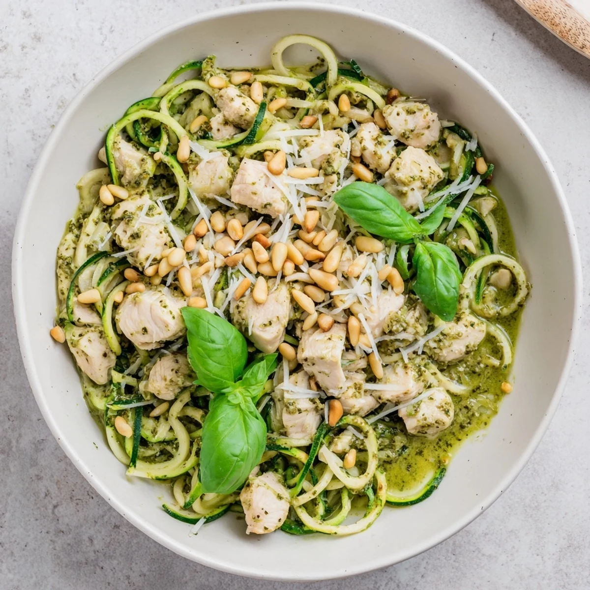 A vibrant bowl of Pesto Zucchini Chicken Bowl featuring golden sautéed chicken, crisp zucchini noodles, and a generous drizzle of basil pesto.  