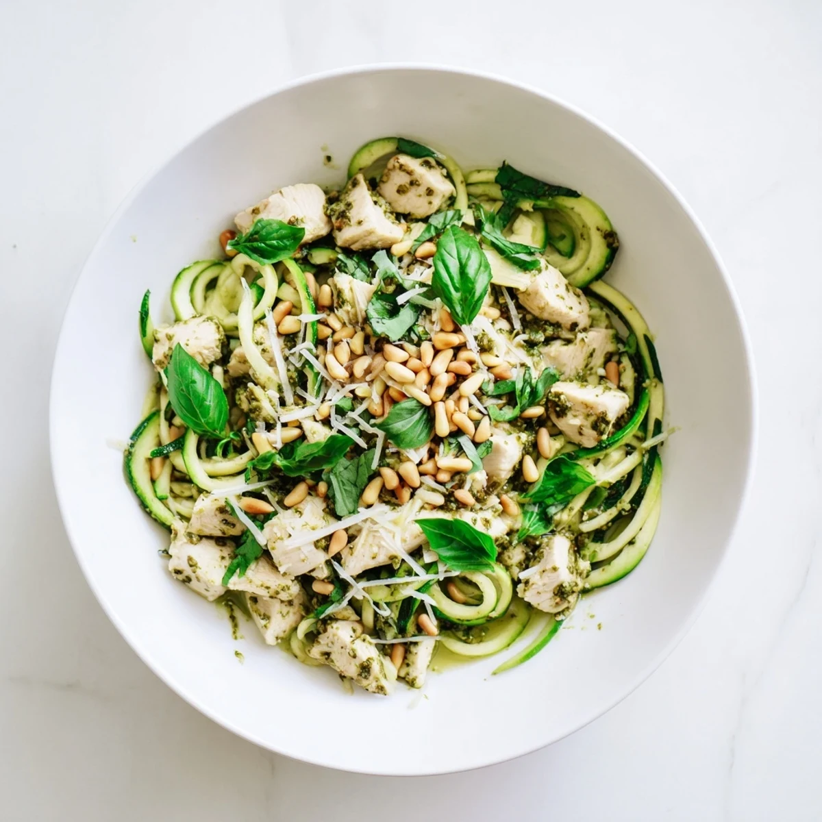 Close-up view of tender chicken pieces and spiralized zucchini tossed in aromatic pesto, garnished with fresh basil for a summery meal.