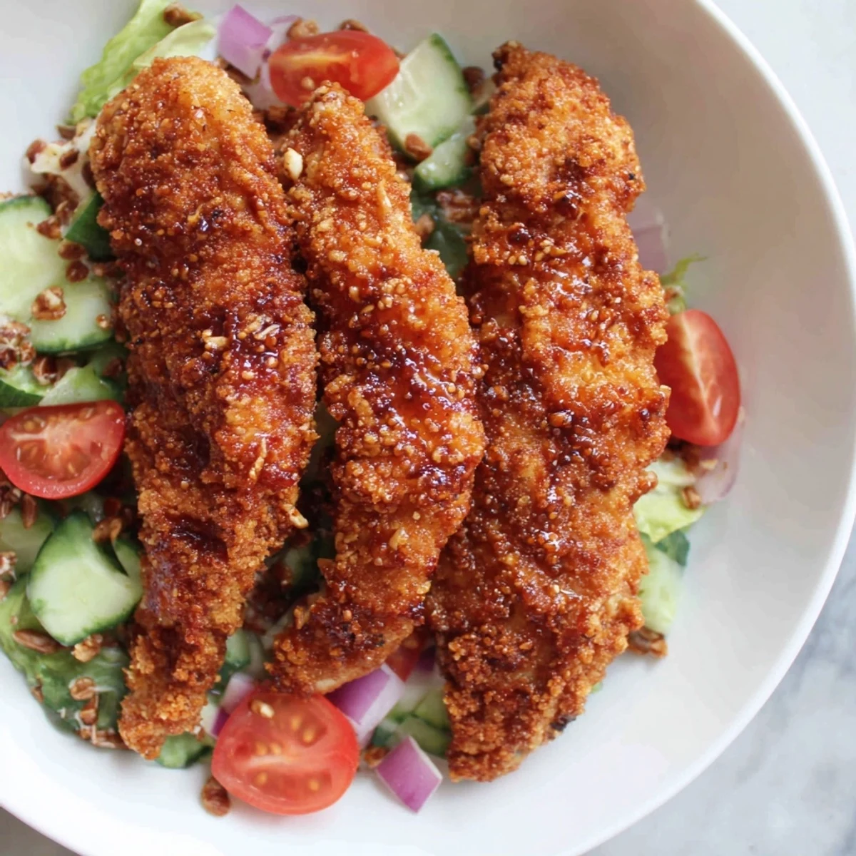 Crispy Hot Honey Chicken Salad features golden fried chicken strips drizzled with spicy honey over crisp chopped romaine, tomatoes, and cucumber.  