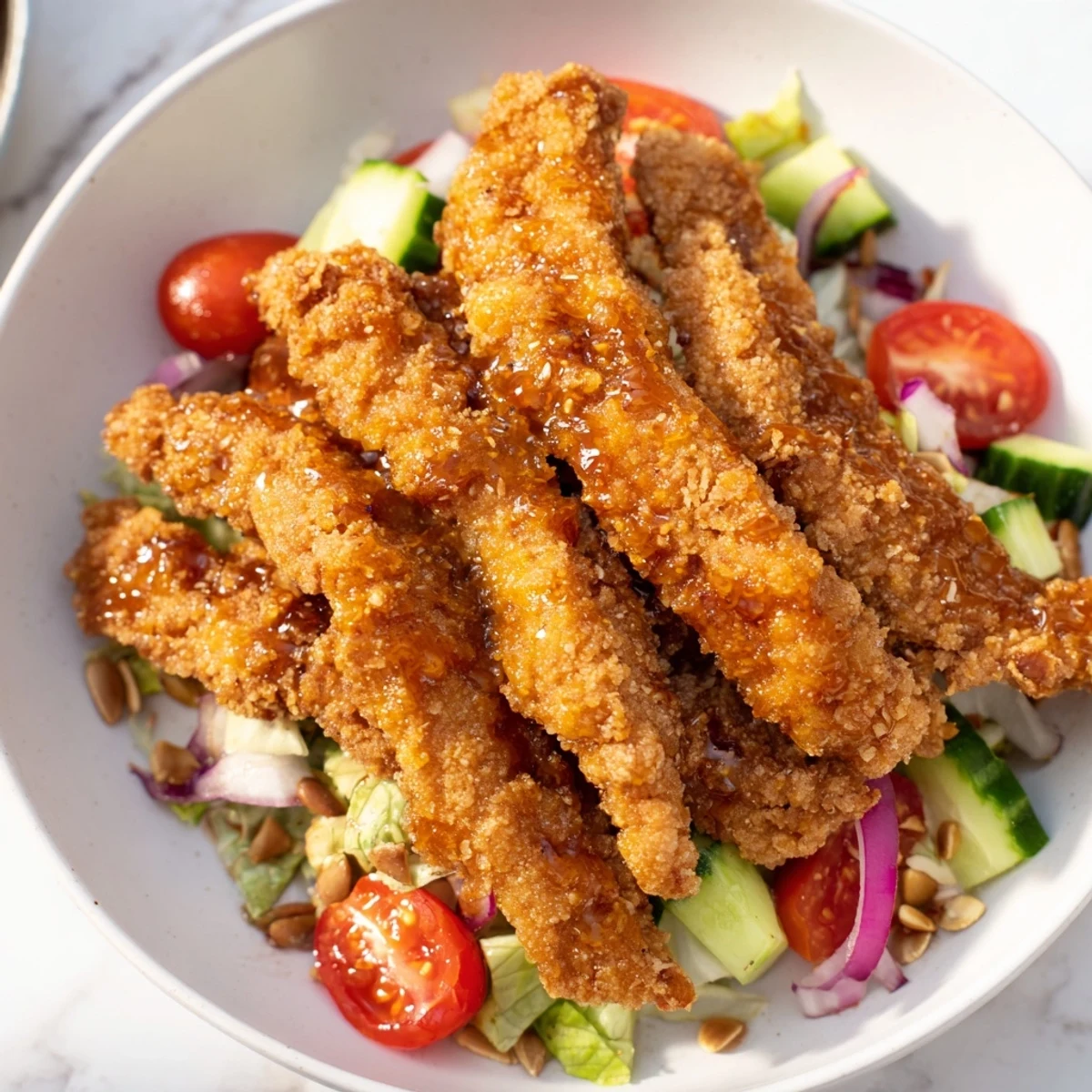 Enjoy this Crispy Hot Honey Chicken Salad garnished with mixed roasted seeds and fresh herbs, perfect for an easy American weeknight dinner.