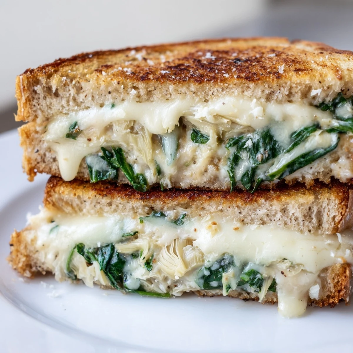 Golden-brown Artichoke Spinach Grilled Cheese slices oozing creamy melted cheese and greens on a plate.