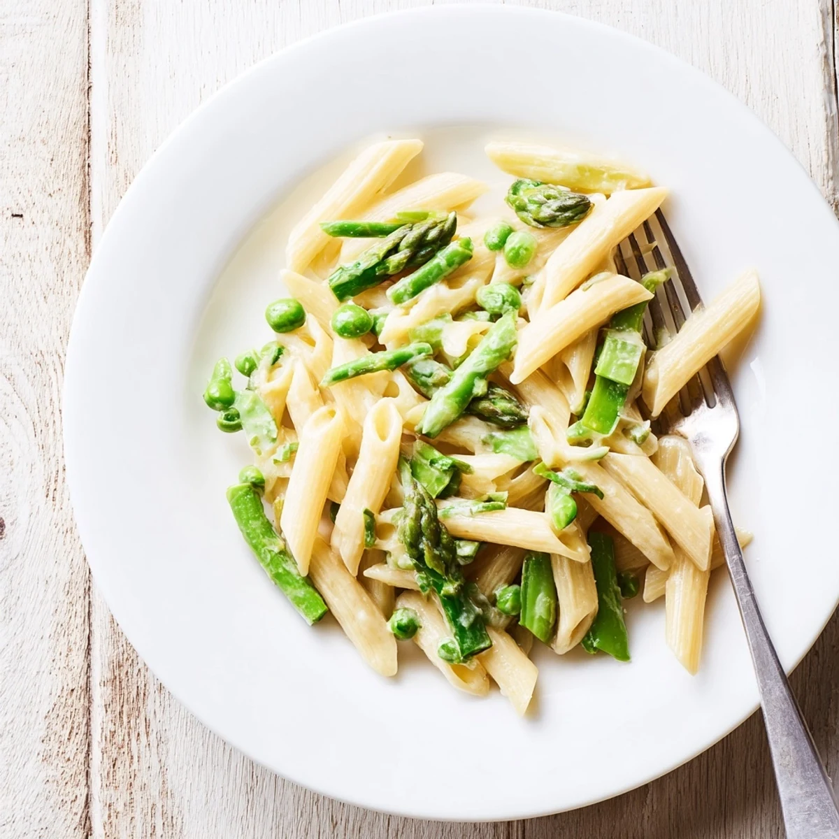 A close-up of steaming Garlic Parmesan Spring Vegetable Pasta, with melted Parmesan, vibrant peas, asparagus, and green beans, ready to be served for a quick dinner.