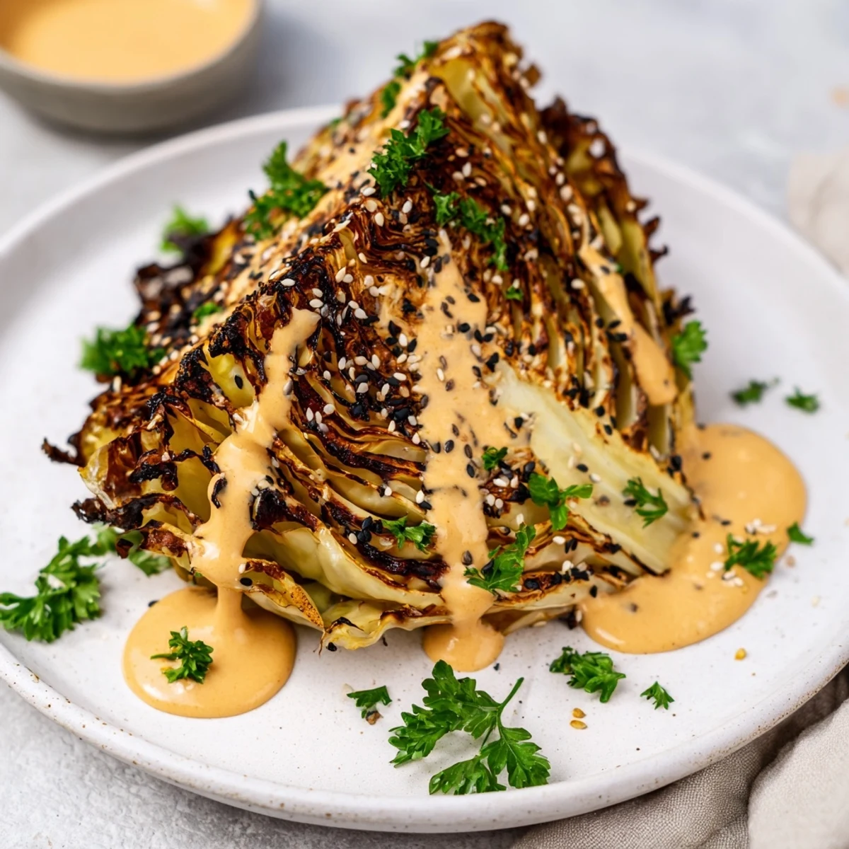 Golden roasted cabbage steaks with caramelized edges are drizzled with creamy tahini sauce and garnished with fresh parsley and lemon wedges.