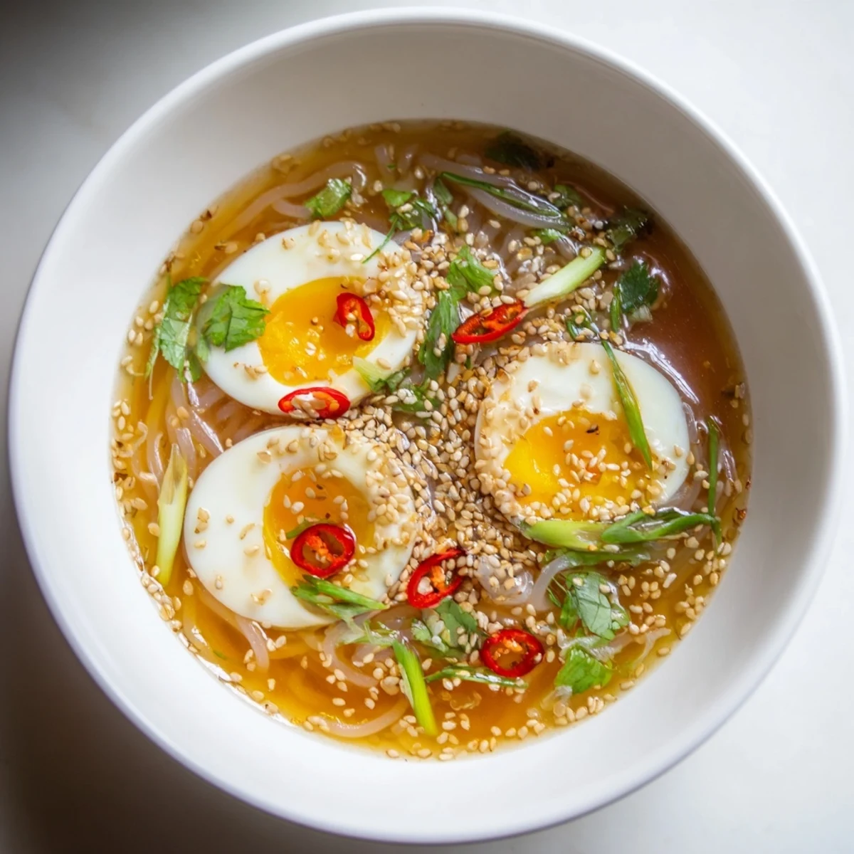 A bowl of shirataki noodles simmered in rich, aromatic bone broth, topped with a soft-boiled egg and fresh chili slices for a comforting, low-carb meal.