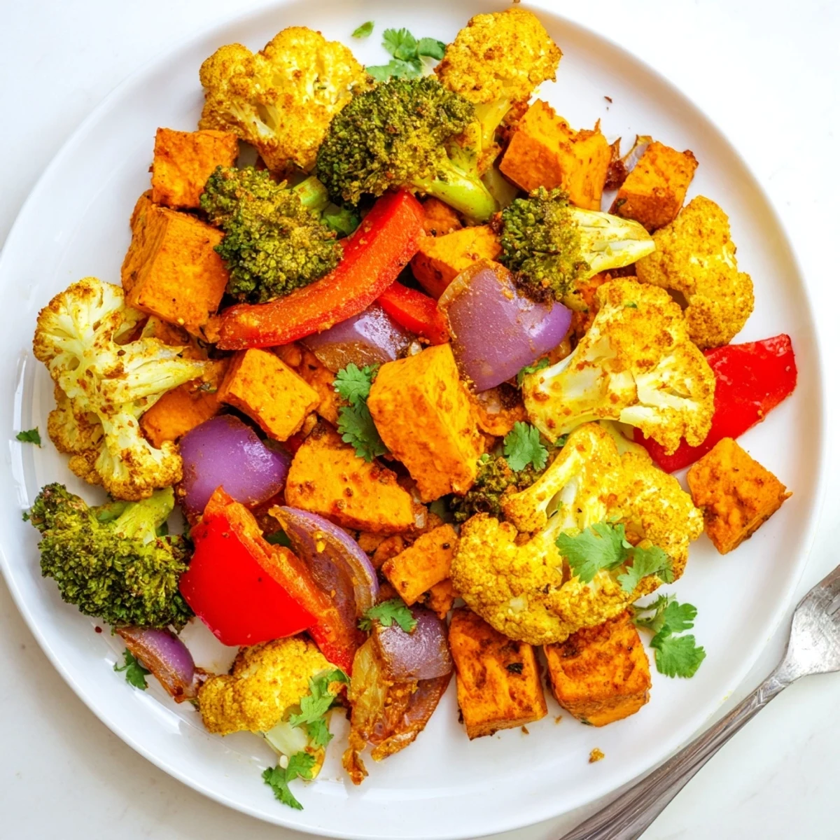 Vibrant Anti-Inflammatory Turmeric Roasted Vegetables served warm, garnished with fresh cilantro alongside a hearty grain bowl.