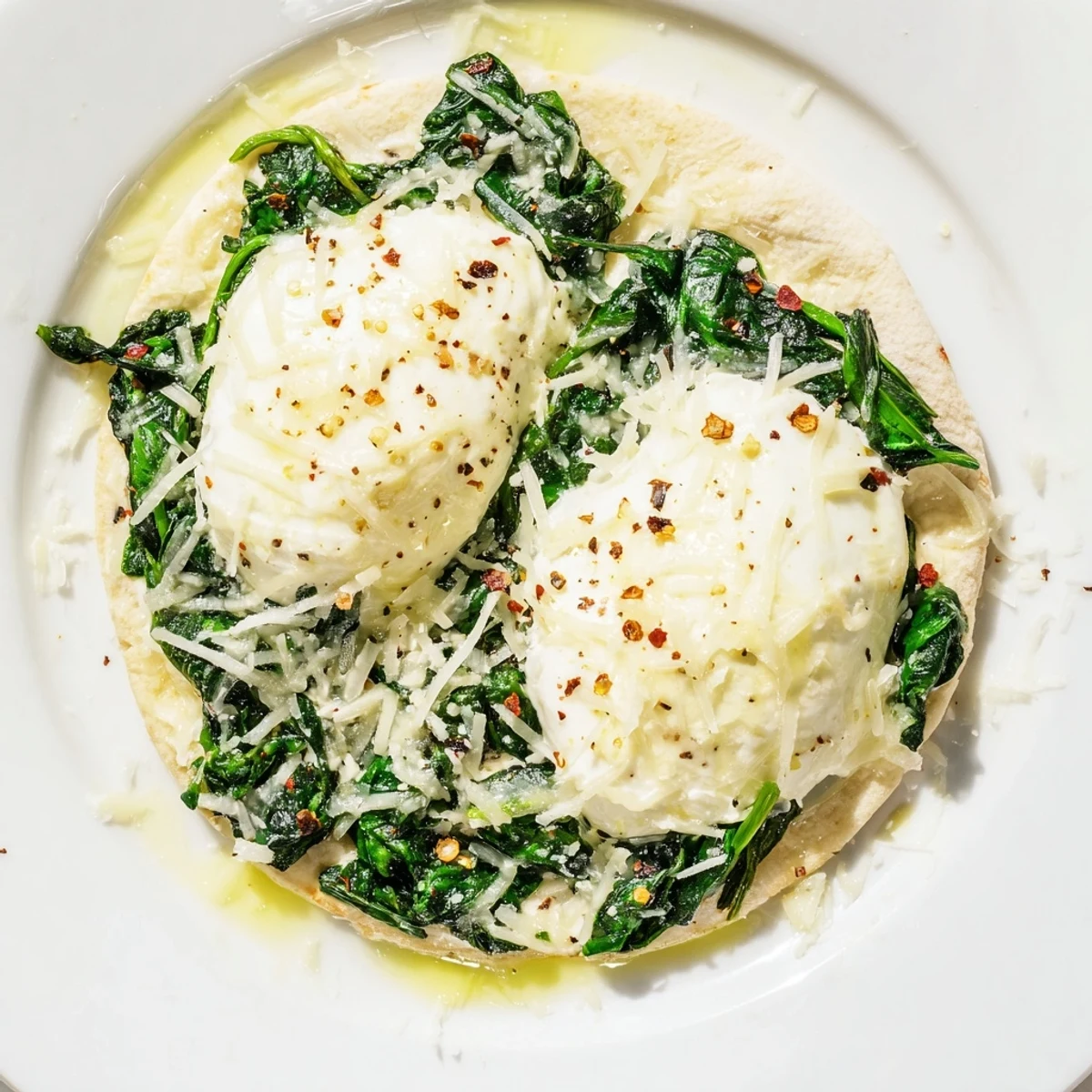 Close-up slice of spinach ricotta pizza revealing melty cheeses and wilted spinach, resting near a salad for a light dinner.