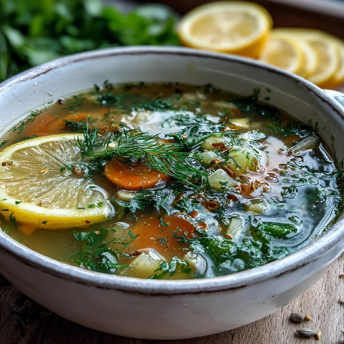 A cozy white mug of Lemon Herb Soup topped with chopped chives and a lemon slice.