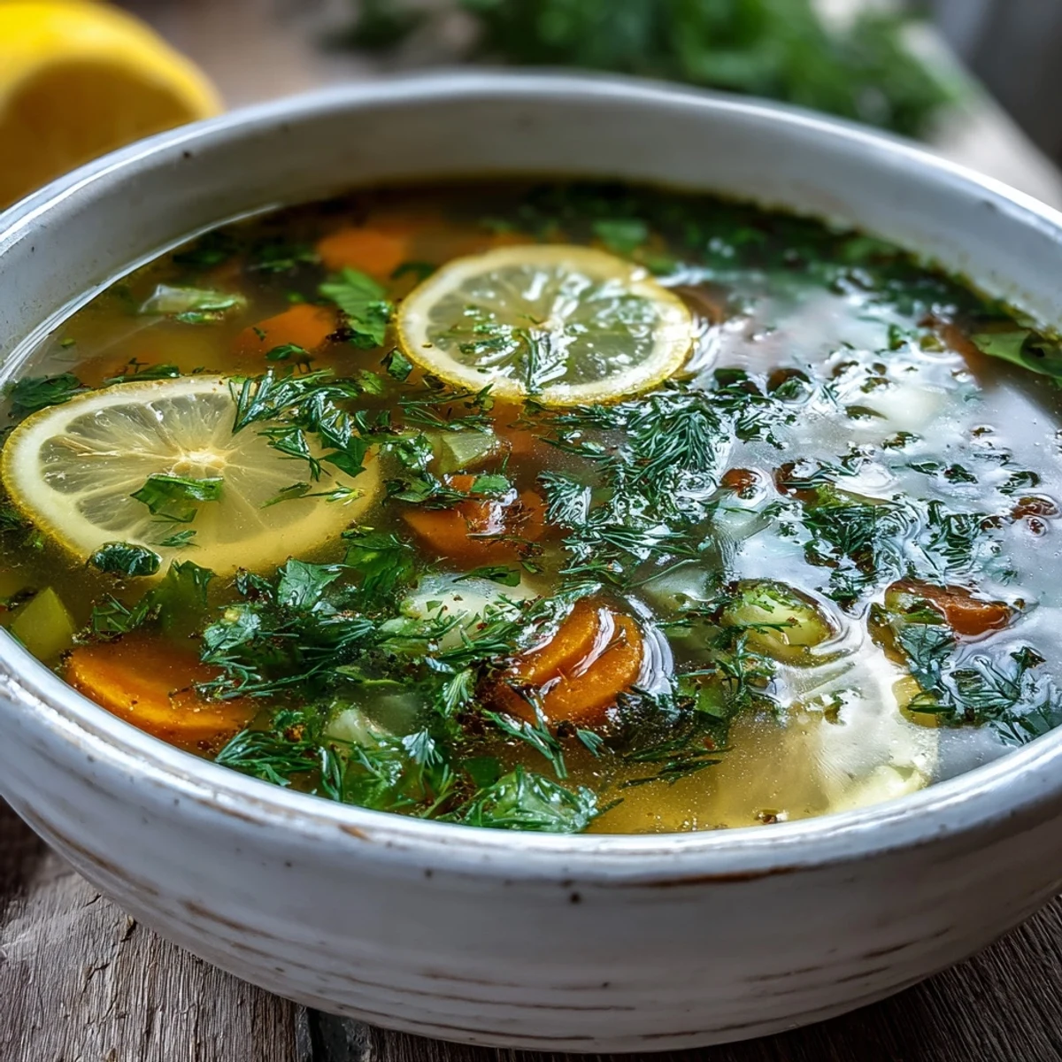 Vibrant Lemon Herb Soup in a rustic pot, ready to be ladled with a wooden spoon.