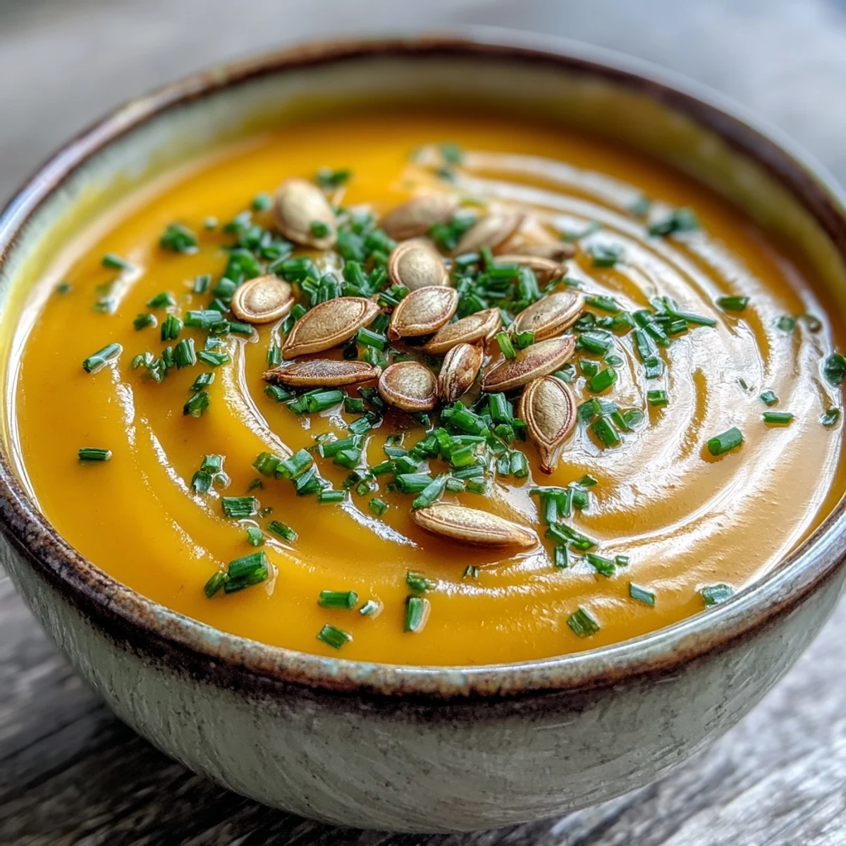A warm bowl of Acorn Squash Soup garnished with toasted pumpkin seeds and fresh chives.